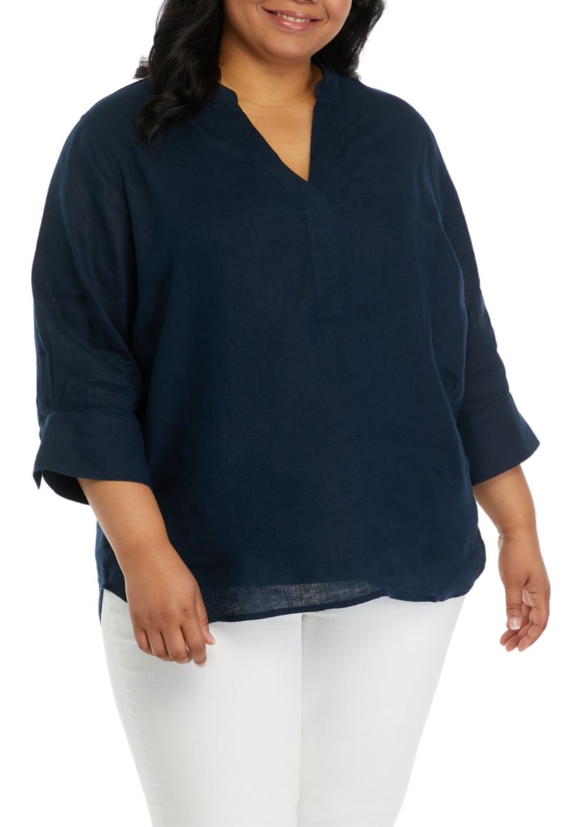 Plus Size 3/4 Sleeve Linen Tunic Top 