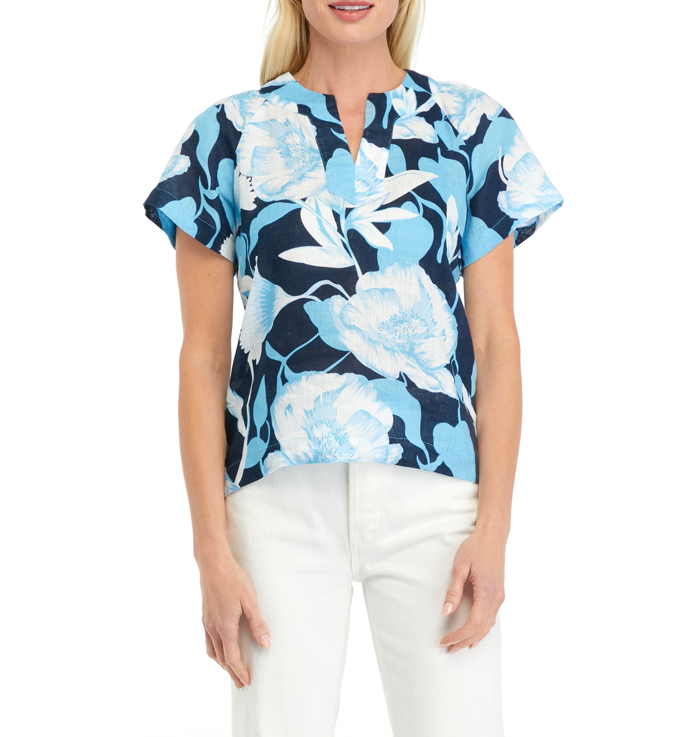 Petite Printed Linen Popover Top