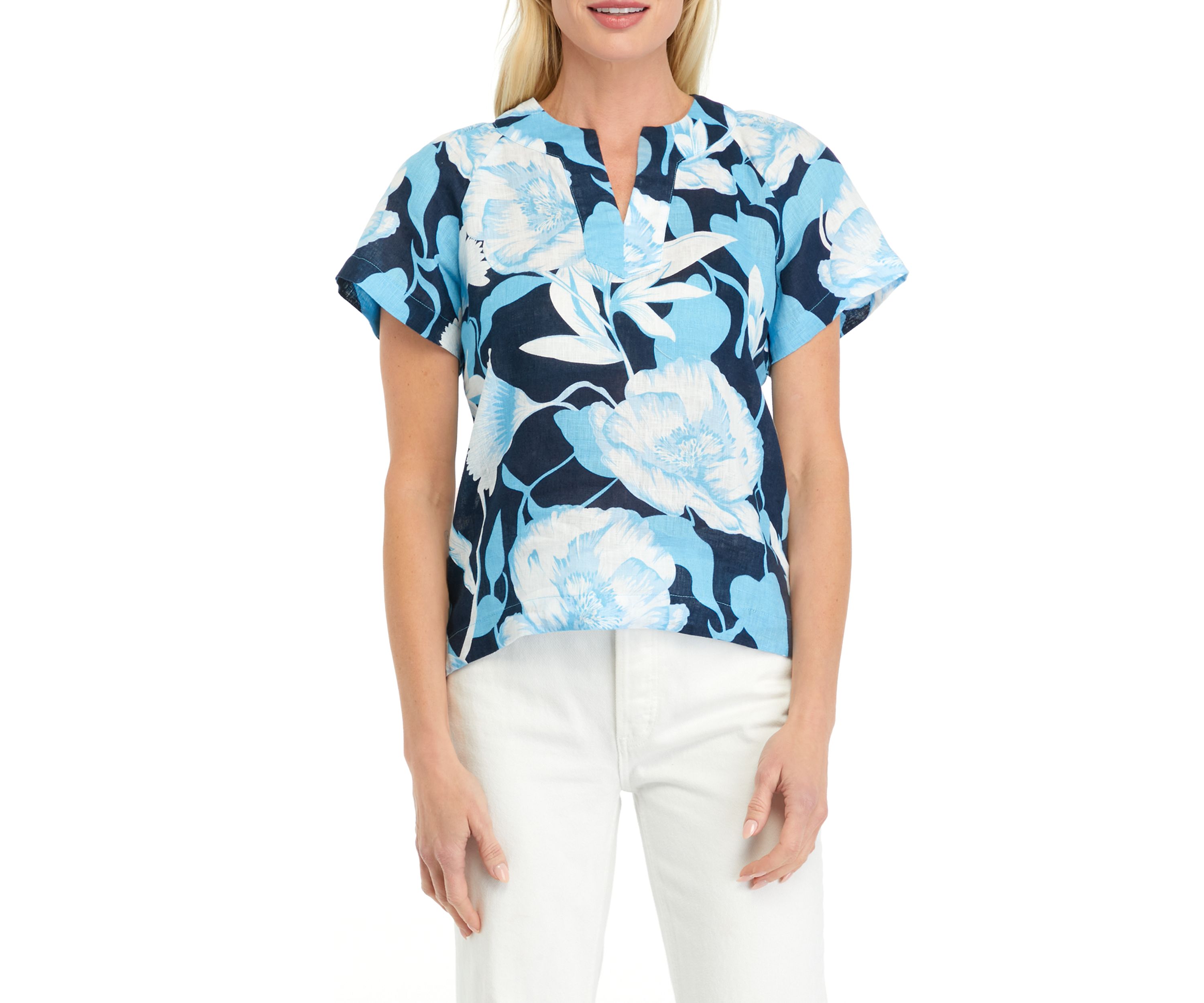 Petite Printed Linen Popover Top