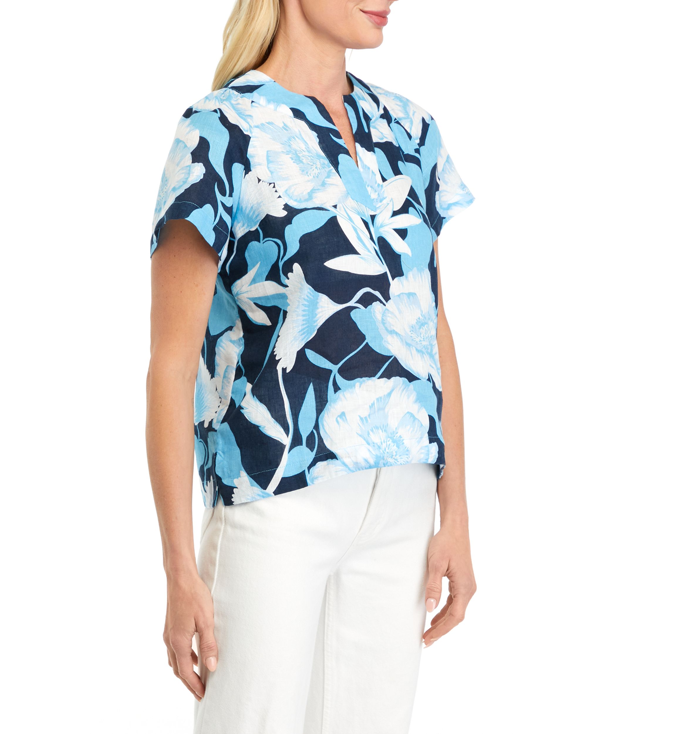 Petite Printed Linen Popover Top