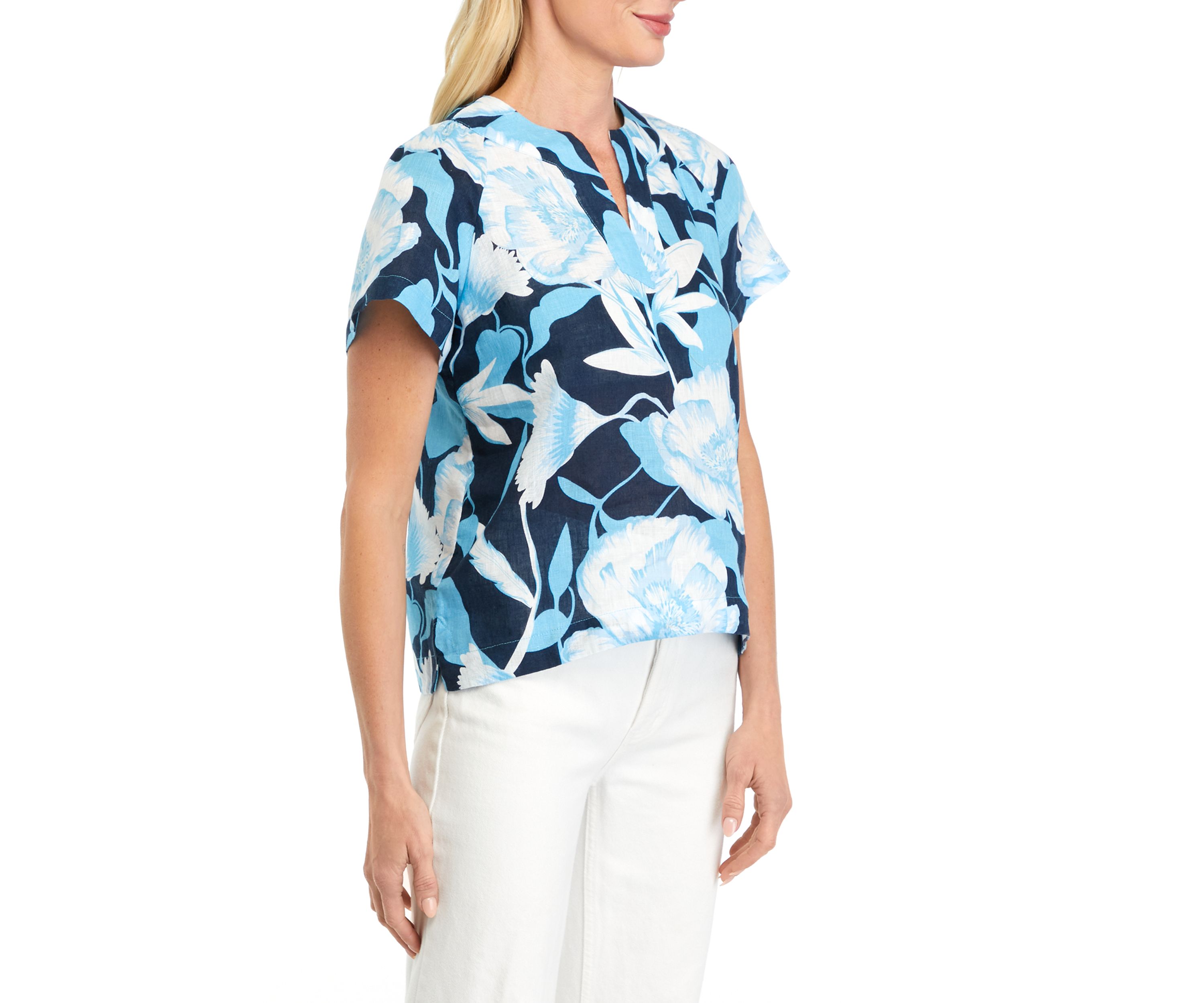 Petite Printed Linen Popover Top