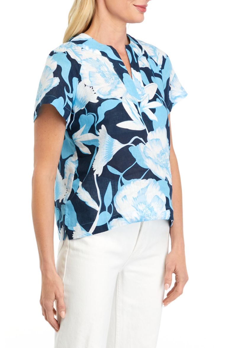 Petite Printed Linen Popover Top