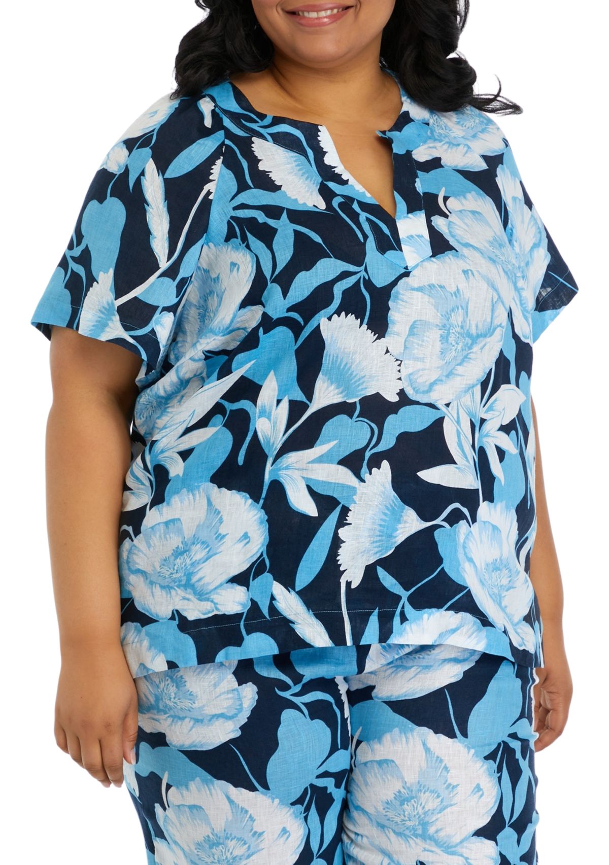 Plus Size Short Sleeve Linen Popover Top 