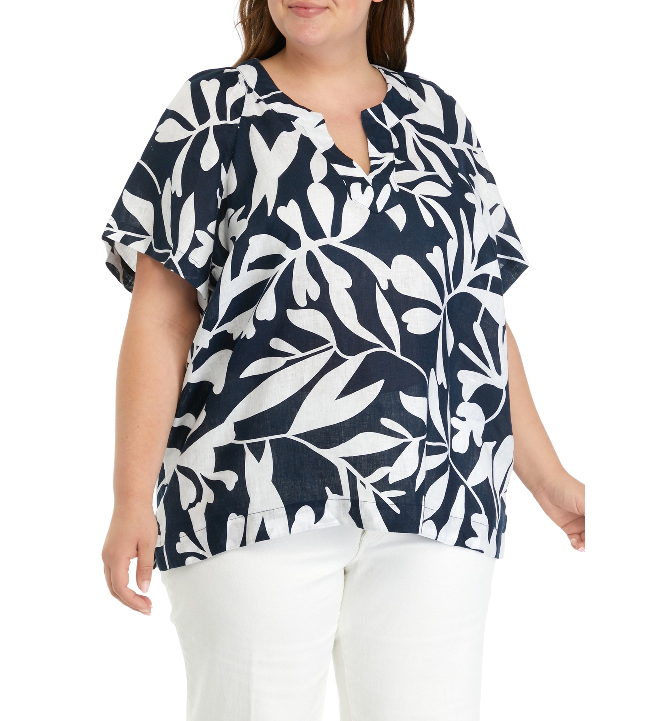 Plus Size Short Sleeve Linen Popover Top
