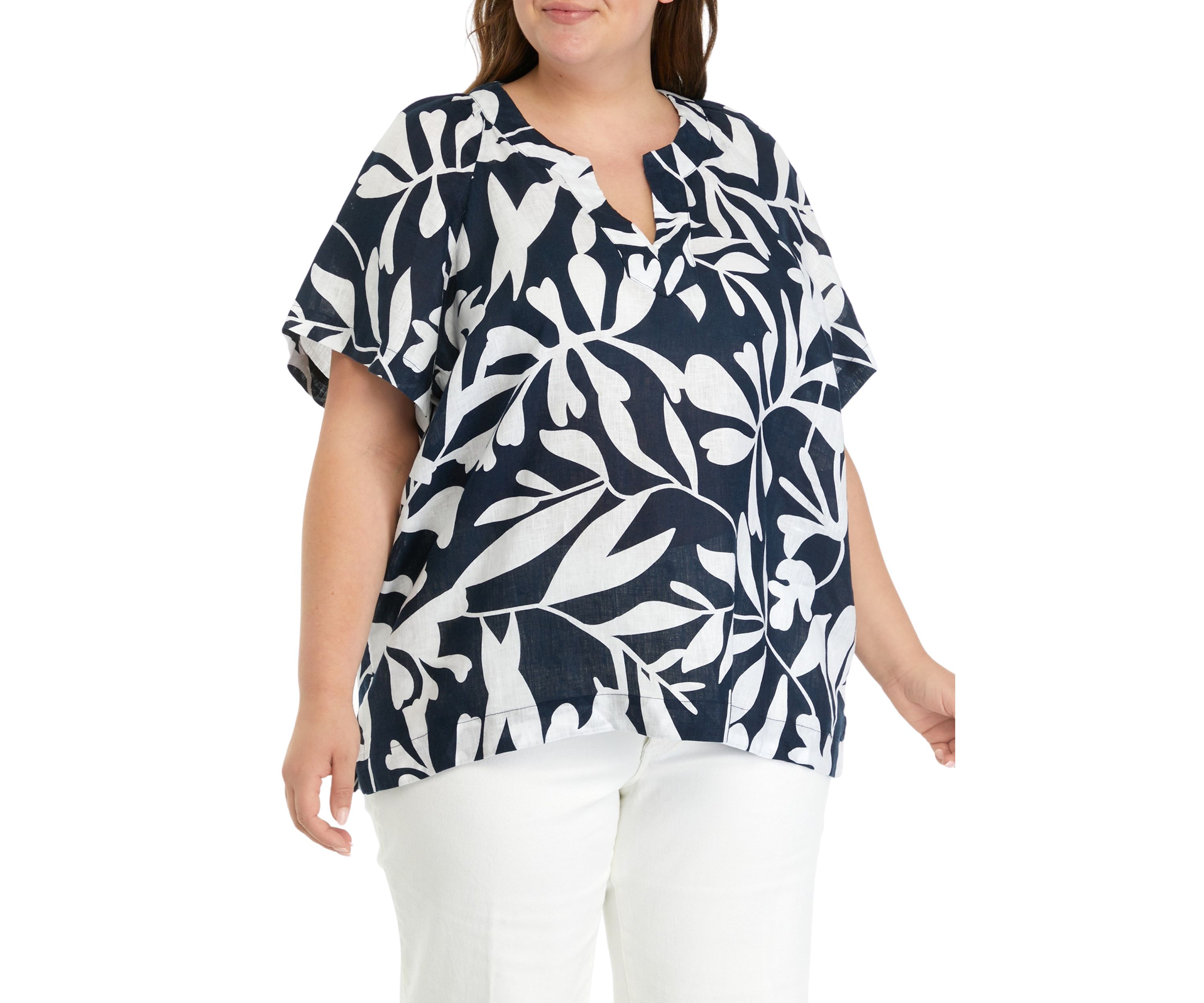 Plus Size Short Sleeve Linen Popover Top