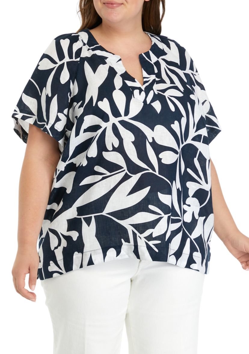 Plus Size Short Sleeve Linen Popover Top