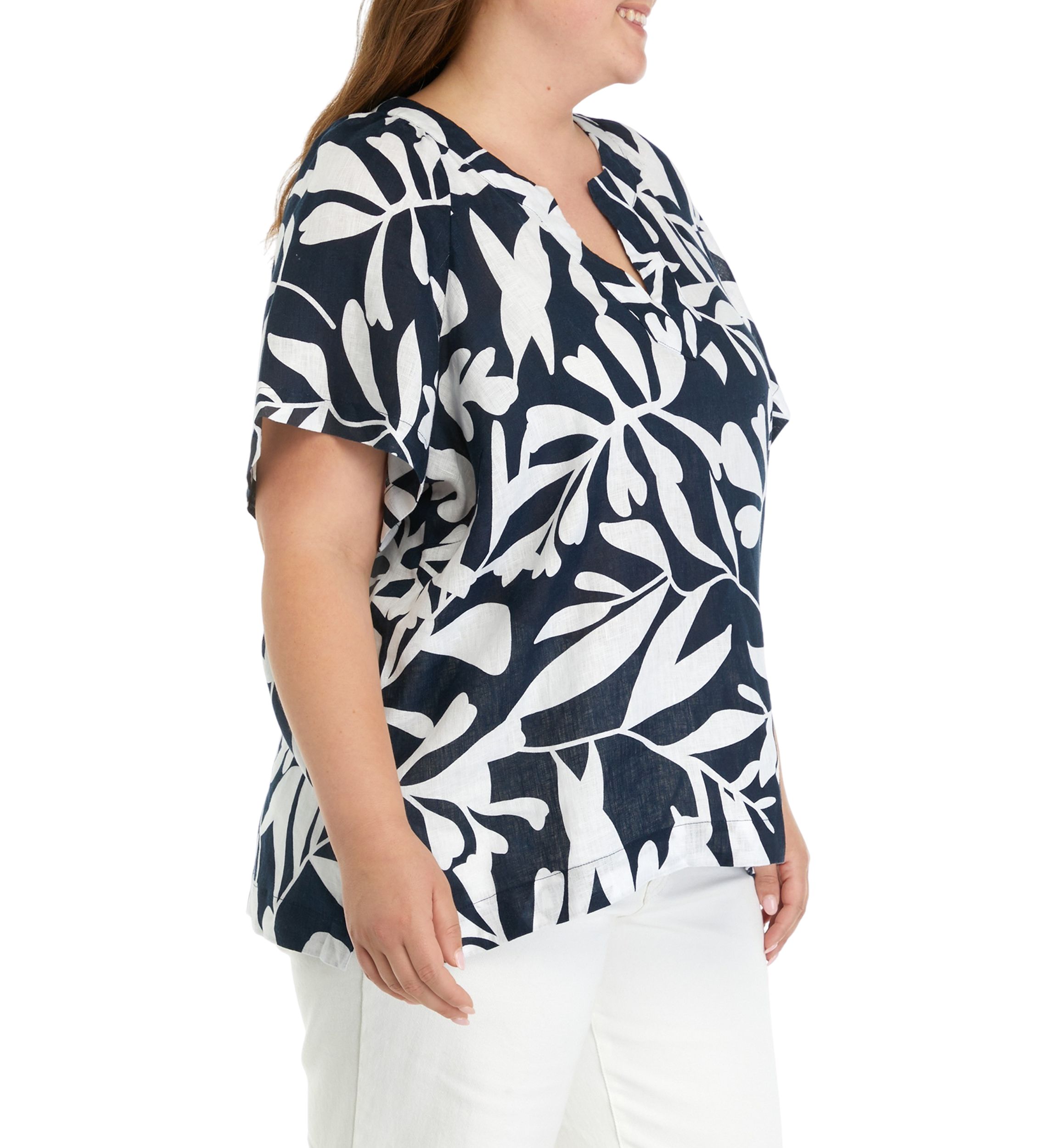 Plus Size Short Sleeve Linen Popover Top