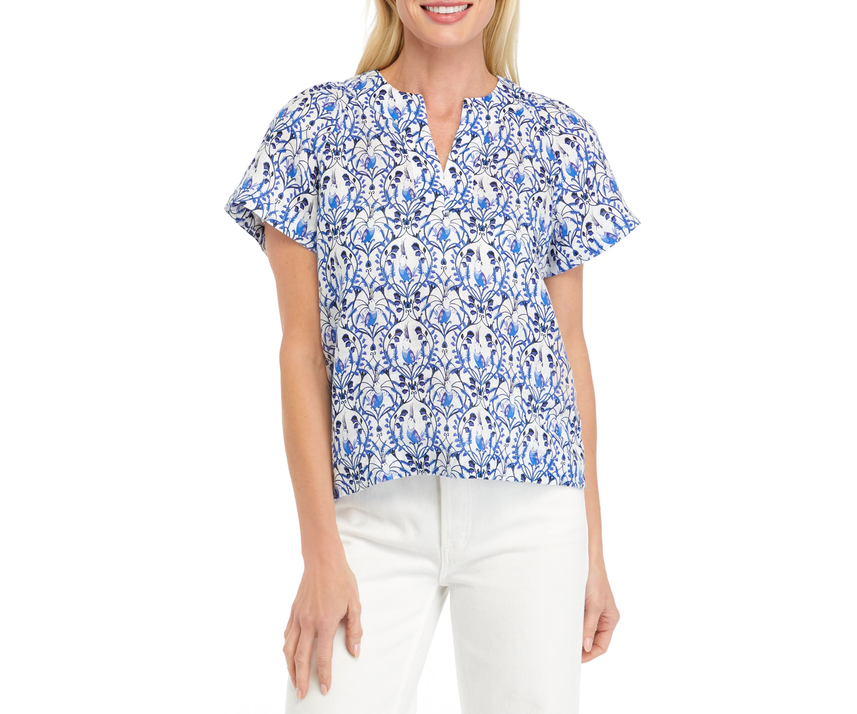 Petite Printed Linen Popover Top