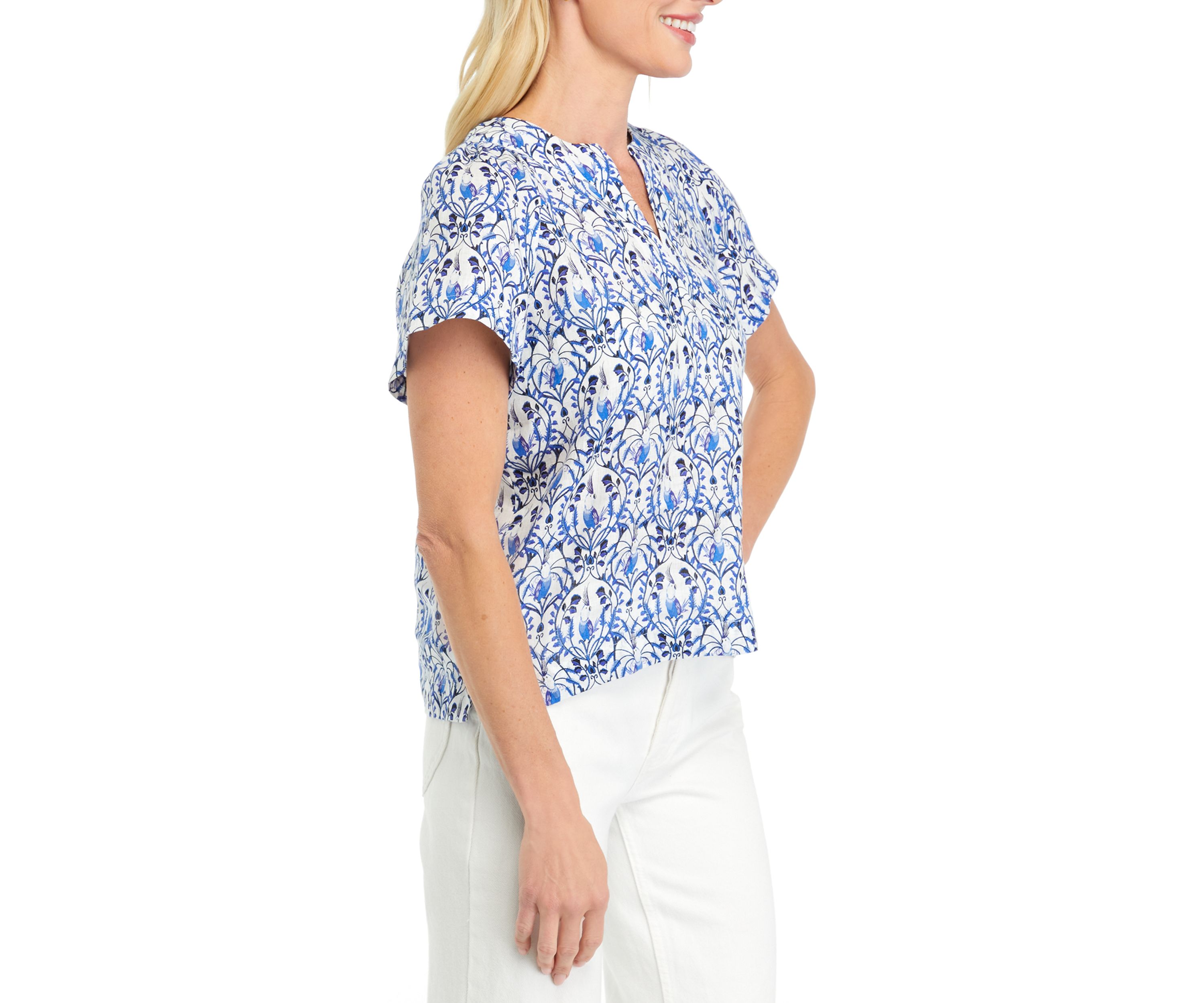Petite Printed Linen Popover Top