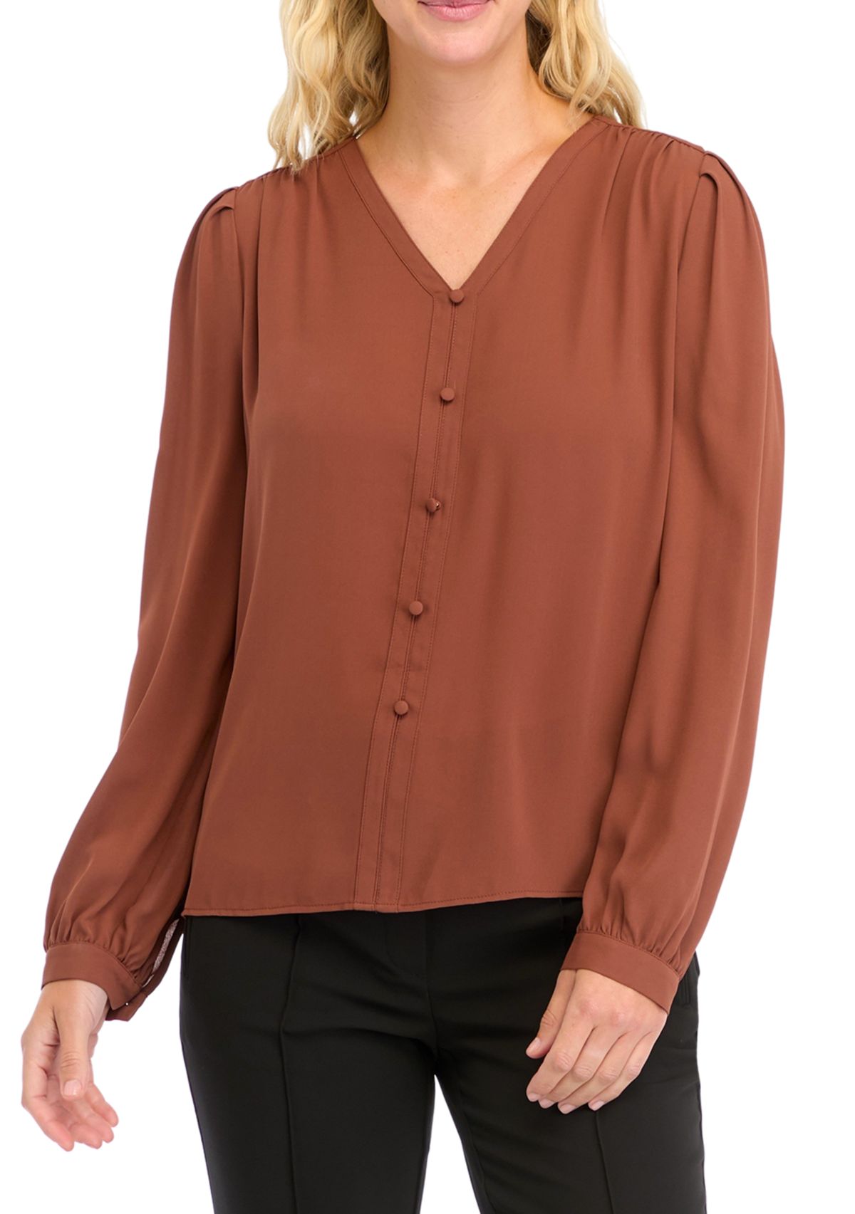 Womens Long Sleeve Button Front Blouse