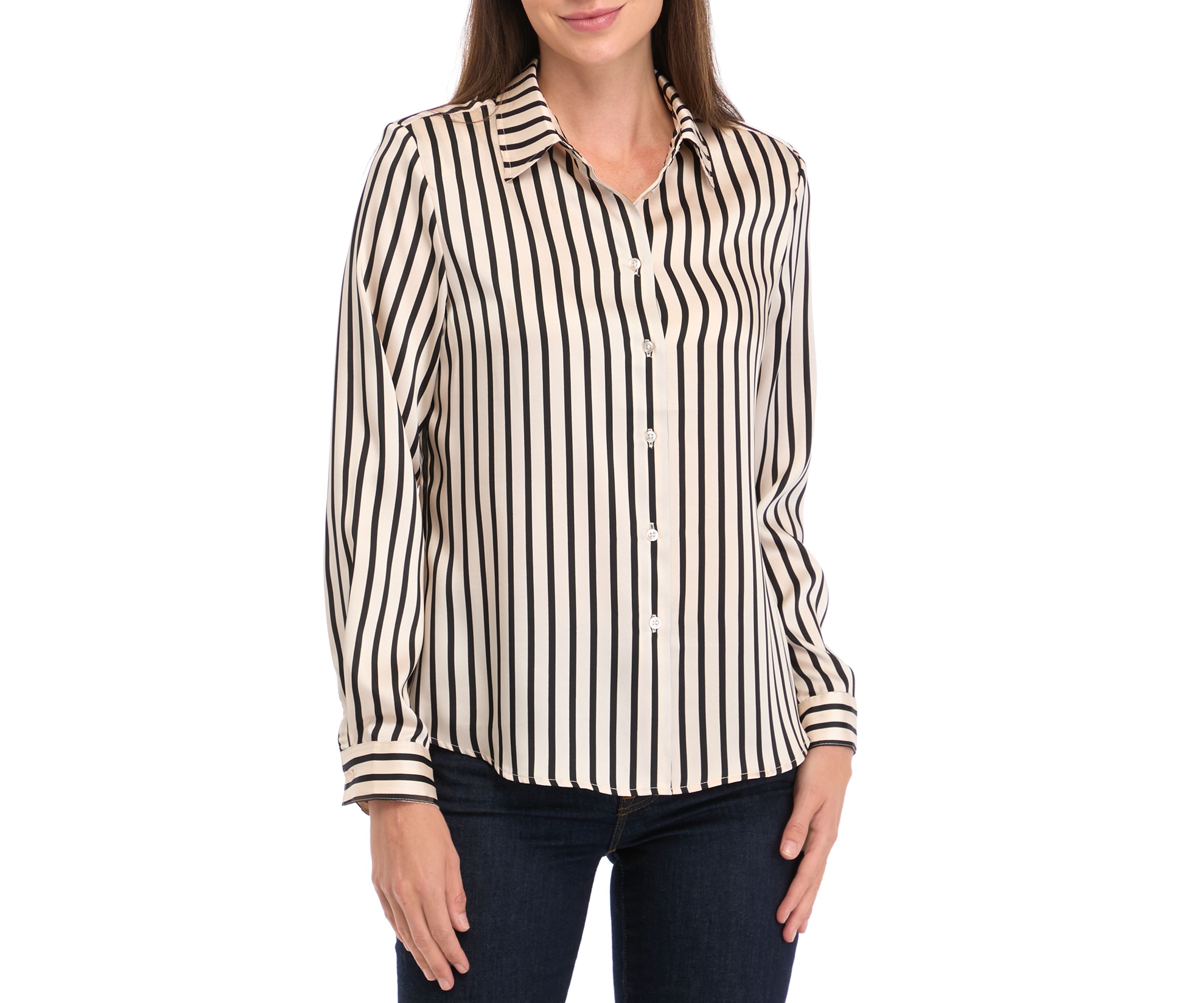 Womens Long Sleeve Stripe Button Down Blouse