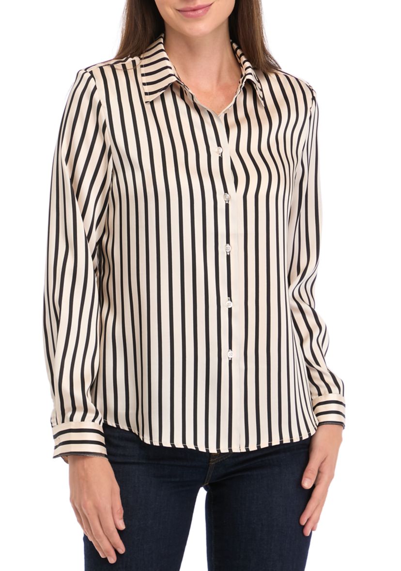 Womens Long Sleeve Stripe Button Down Blouse