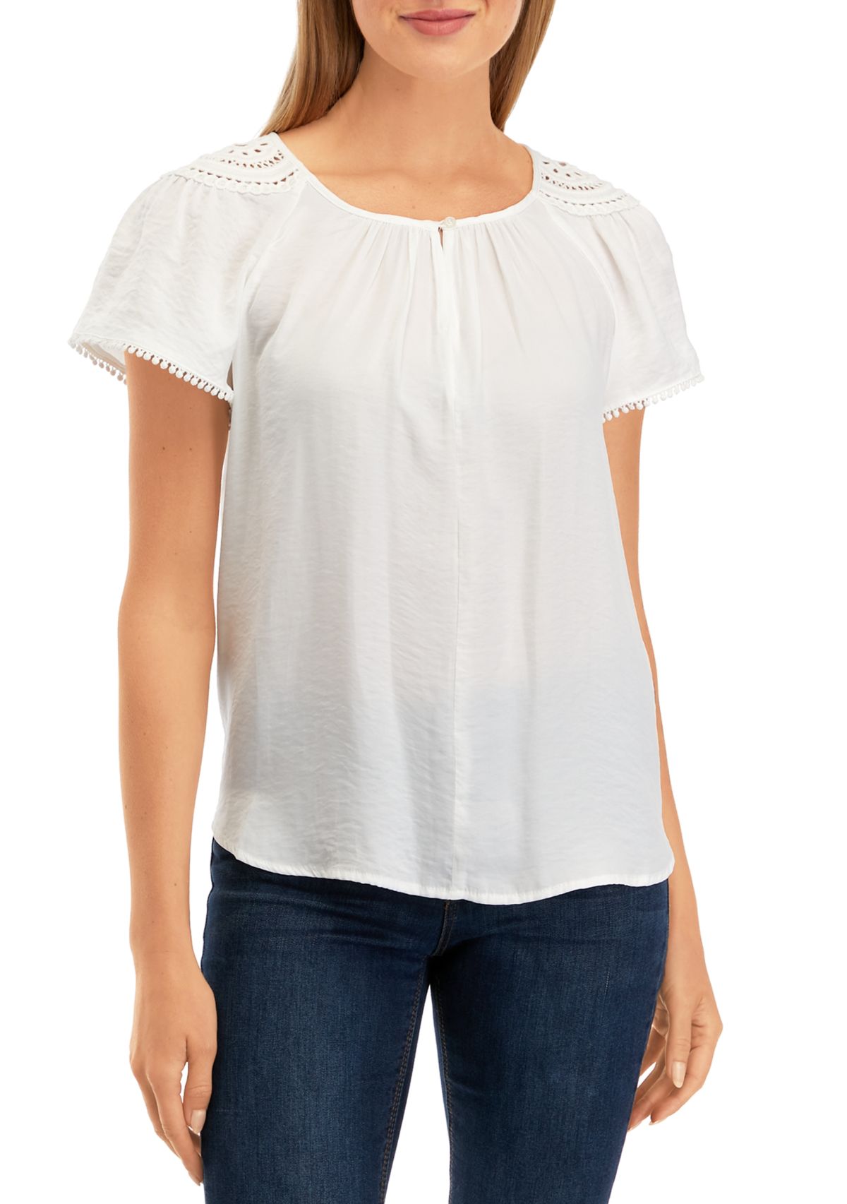 Petite Short Sleeve Raglan Jewel Neck Blouse
