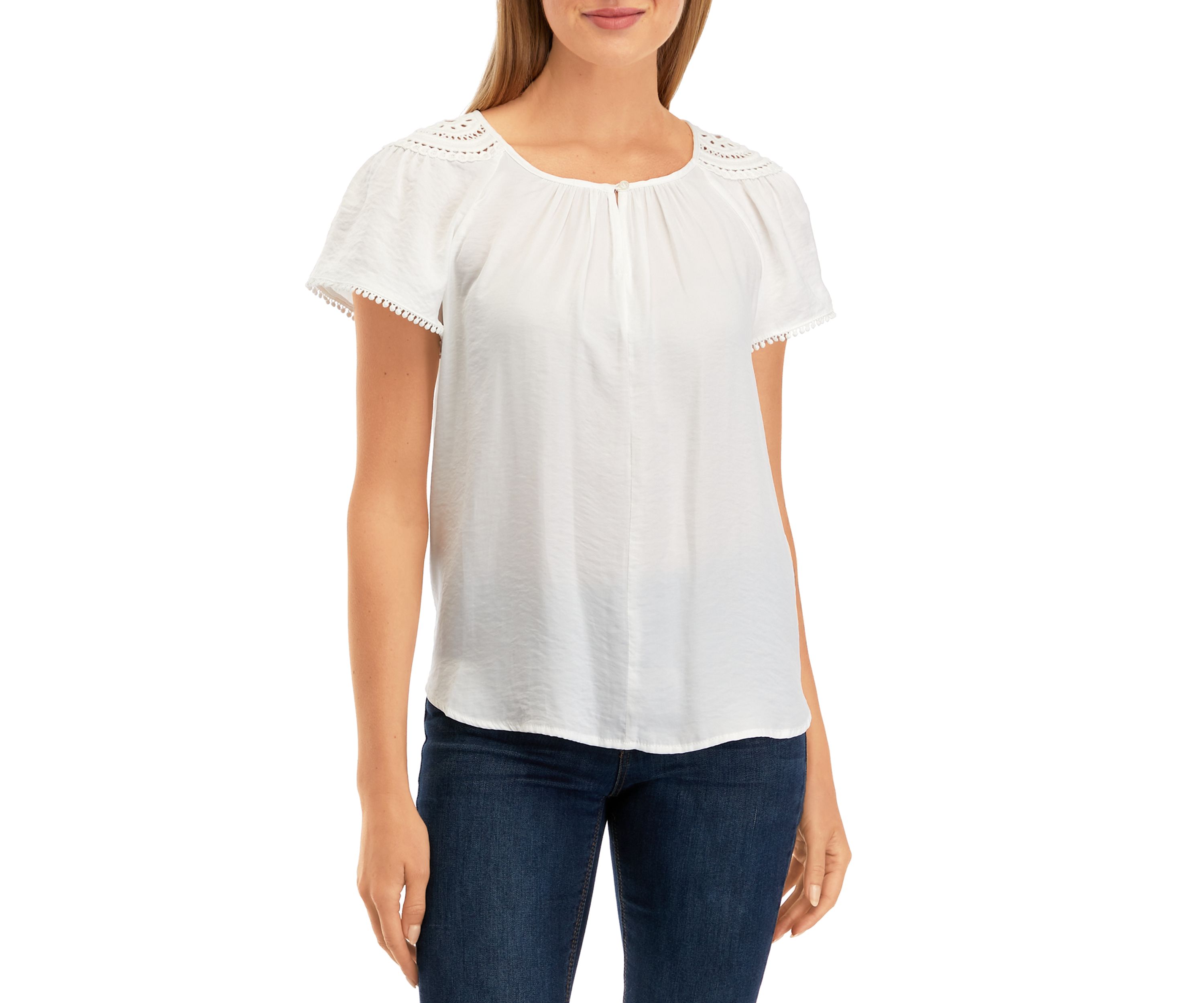 Petite Short Sleeve Raglan Jewel Neck Blouse