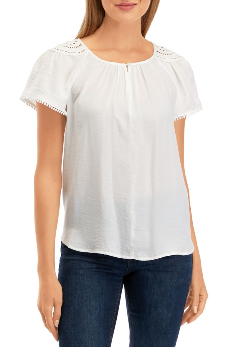 Petite Short Sleeve Raglan Jewel Neck Blouse