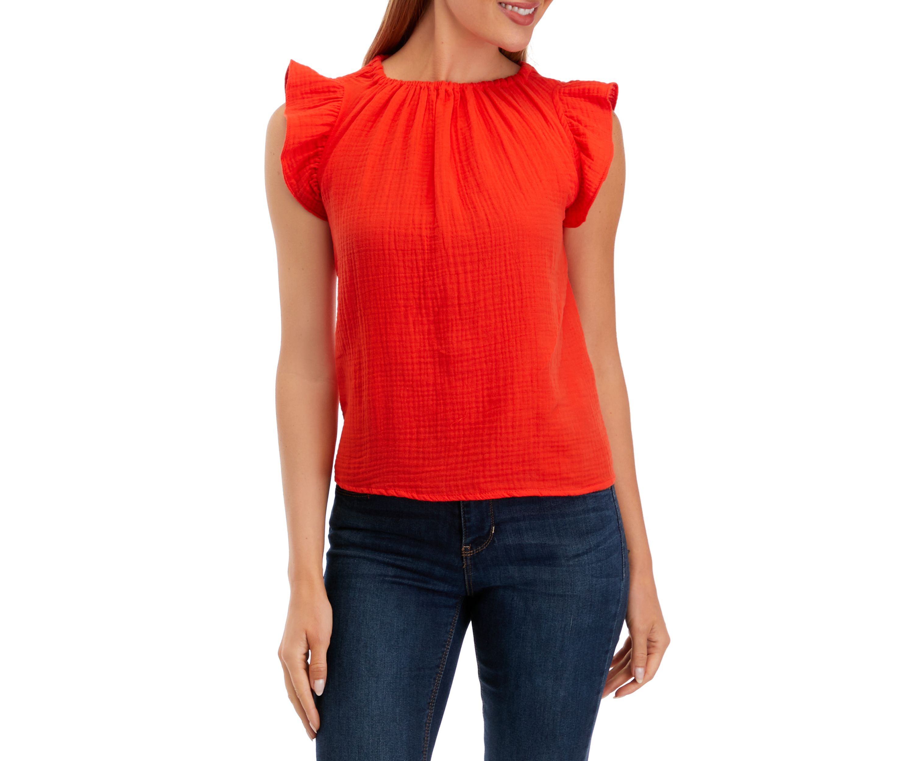 Petite Short Sleeve Woven Gauze Blouse