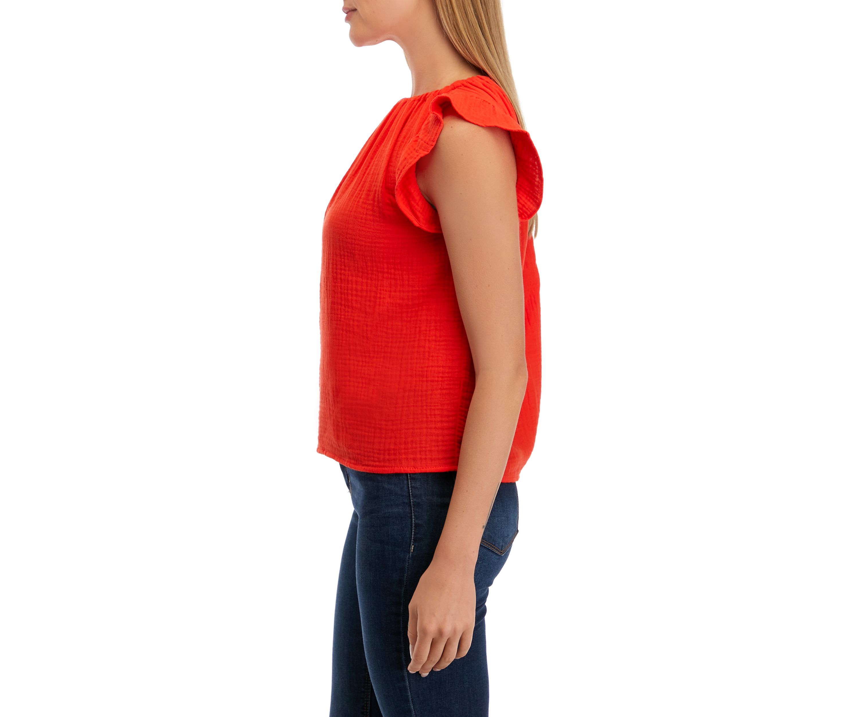 Petite Short Sleeve Woven Gauze Blouse