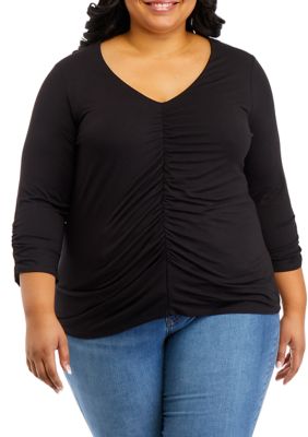 Catherine Malandrino Women's Plus Size 3/4 Sleeve V-Neck Shirred Front Knit Blouse, Black, 3X