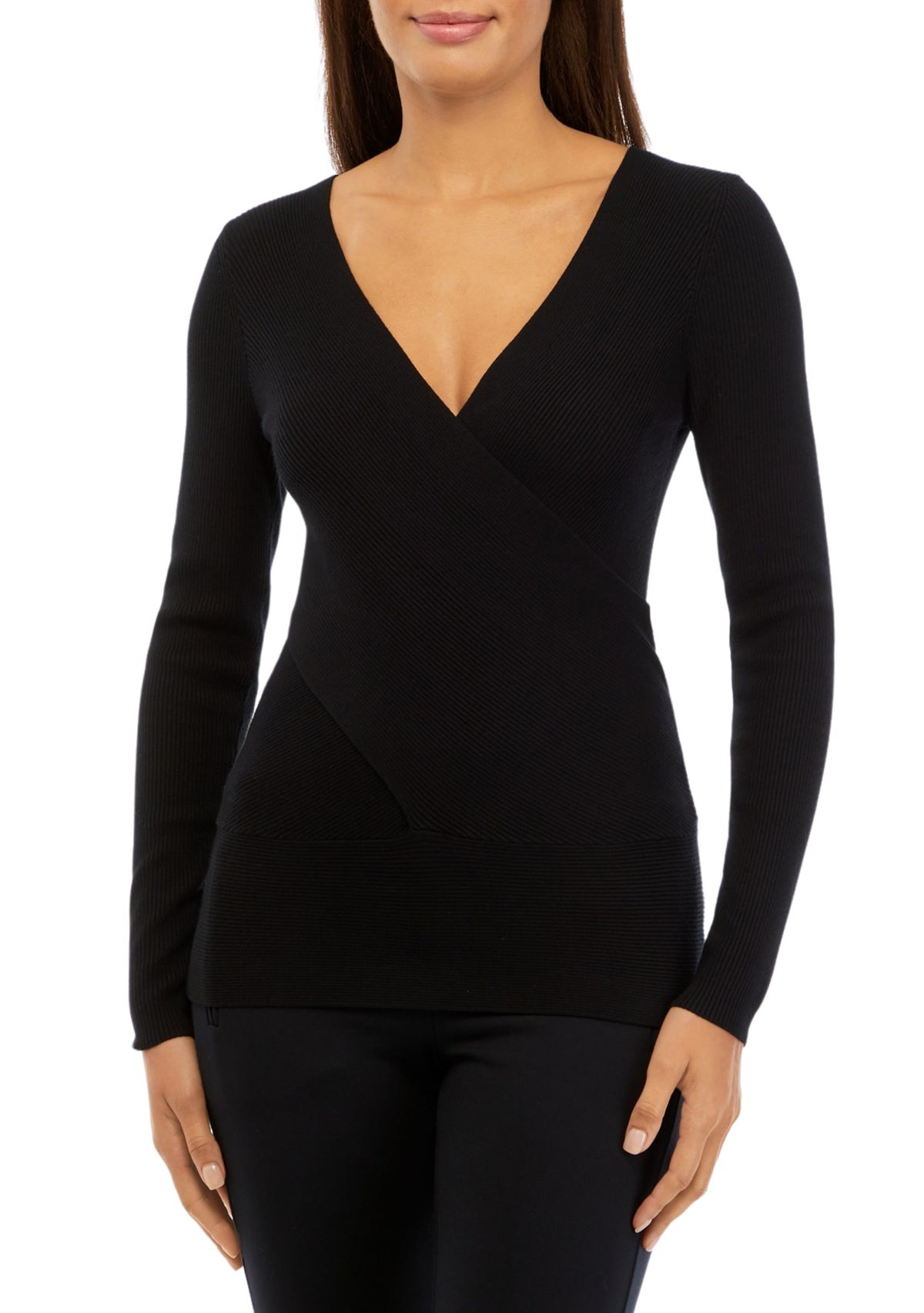 Womens Crossover V-Neck Long Sleeve Ribbed Sweater