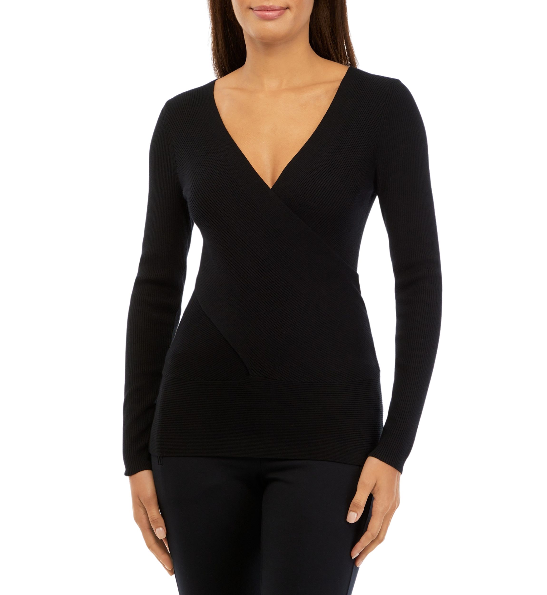 Womens Crossover V-Neck Long Sleeve Ribbed Sweater
