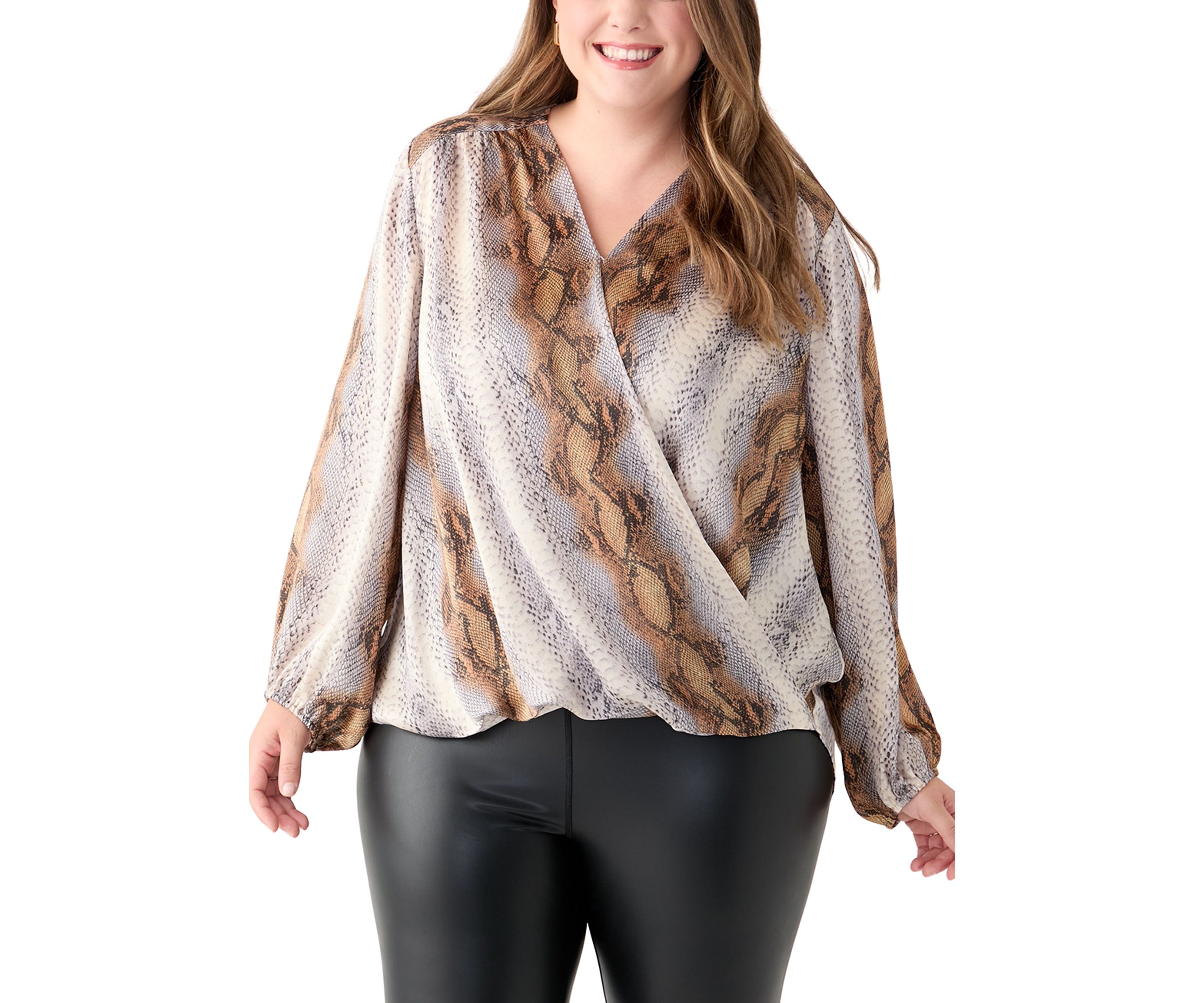 Plus Size Long Sleeve V-Neck Wrap Front Curved Hem Hi Low Printed Woven Top