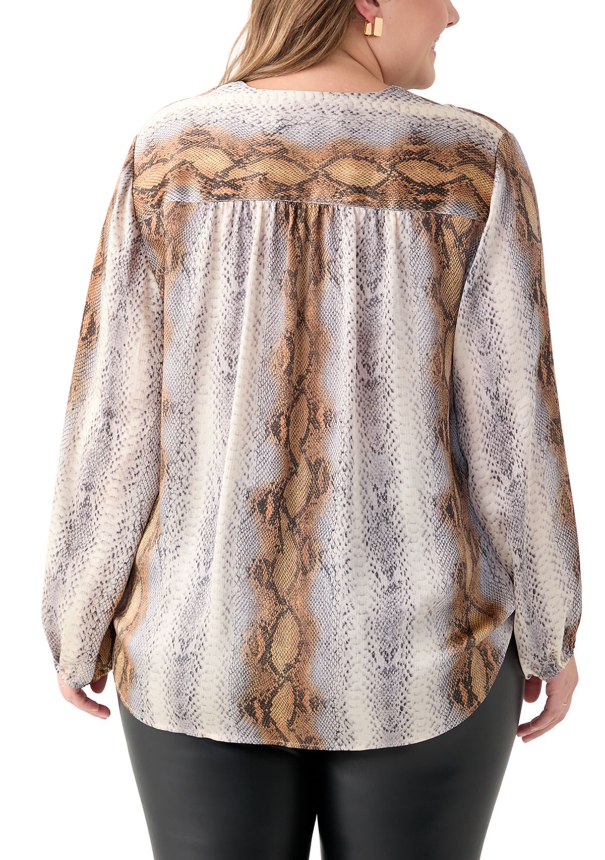 Plus Size Long Sleeve V-Neck Wrap Front Curved Hem Hi Low Printed Woven Top
