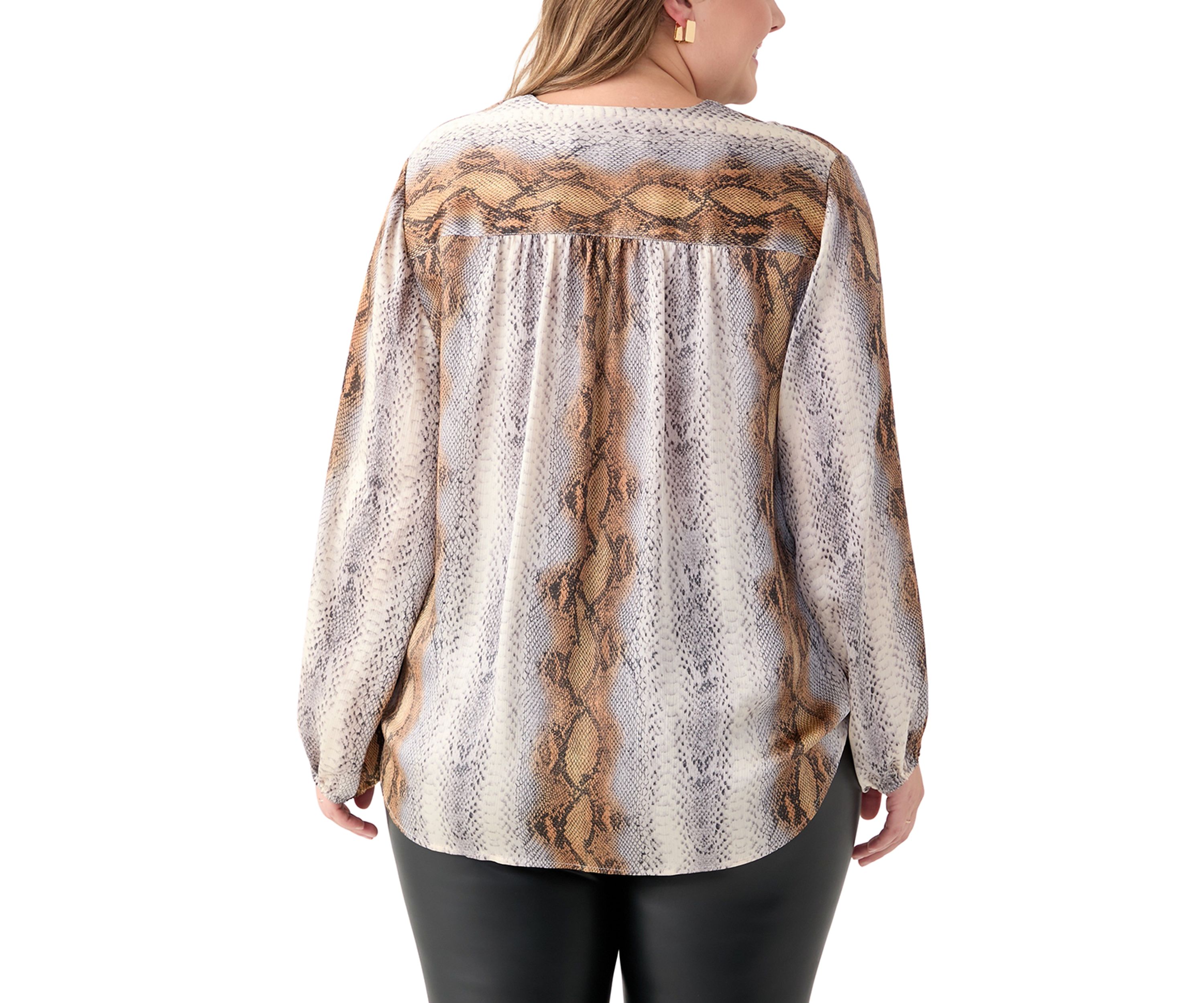 Plus Size Long Sleeve V-Neck Wrap Front Curved Hem Hi Low Printed Woven Top