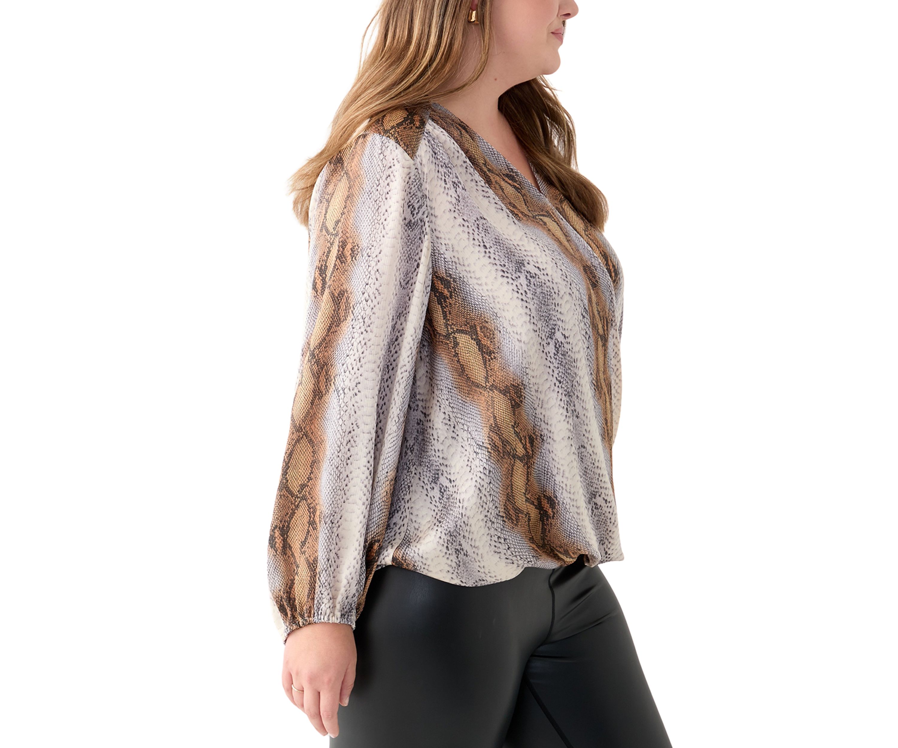 Plus Size Long Sleeve V-Neck Wrap Front Curved Hem Hi Low Printed Woven Top