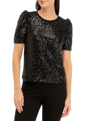 Catherine Malandrino Women's Puff Sleeve Sequin Mesh Knit Top, Black, Small