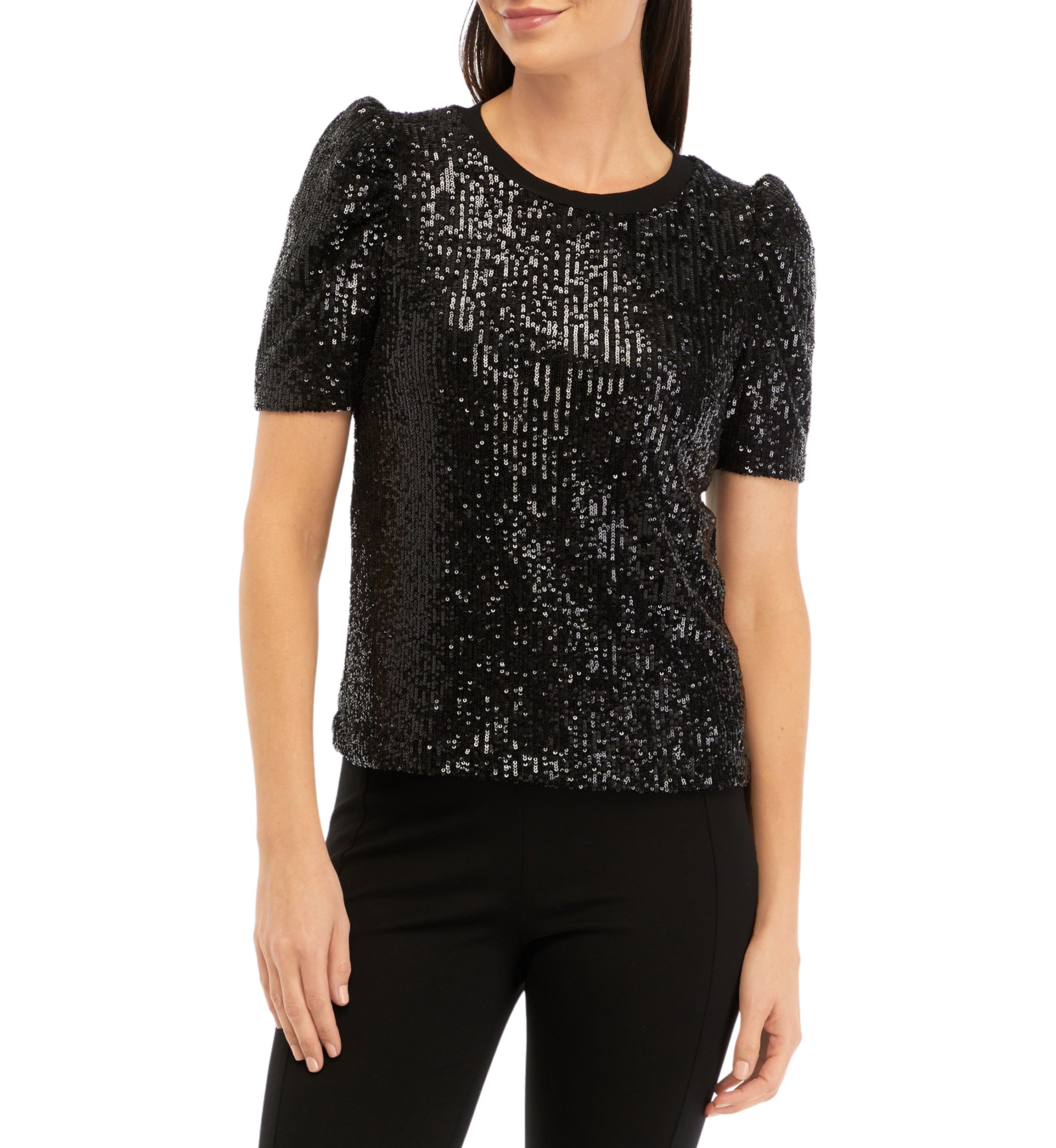 Womens Puff Sleeve Sequin Mesh Knit Top 