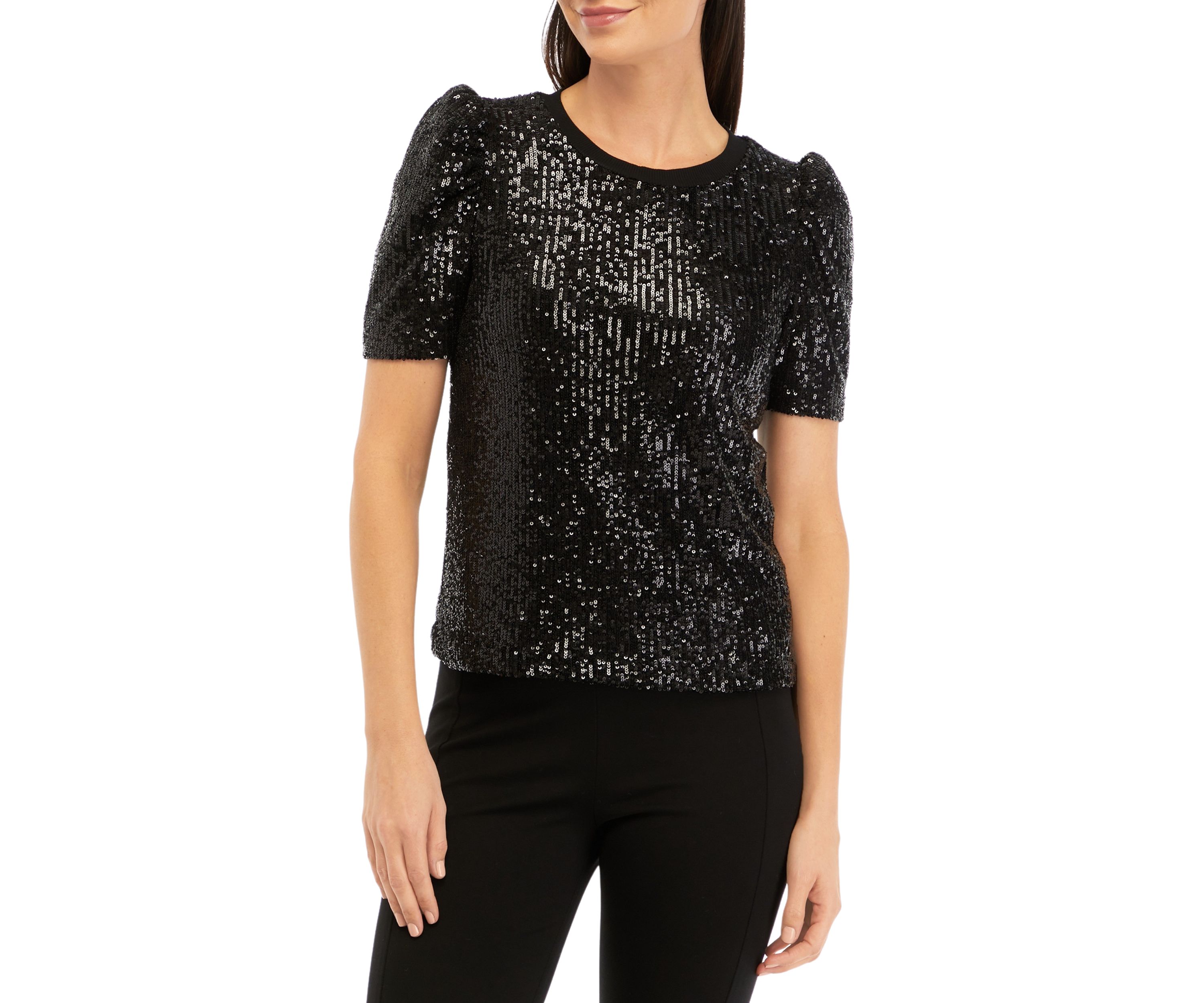 Womens Puff Sleeve Sequin Mesh Knit Top 