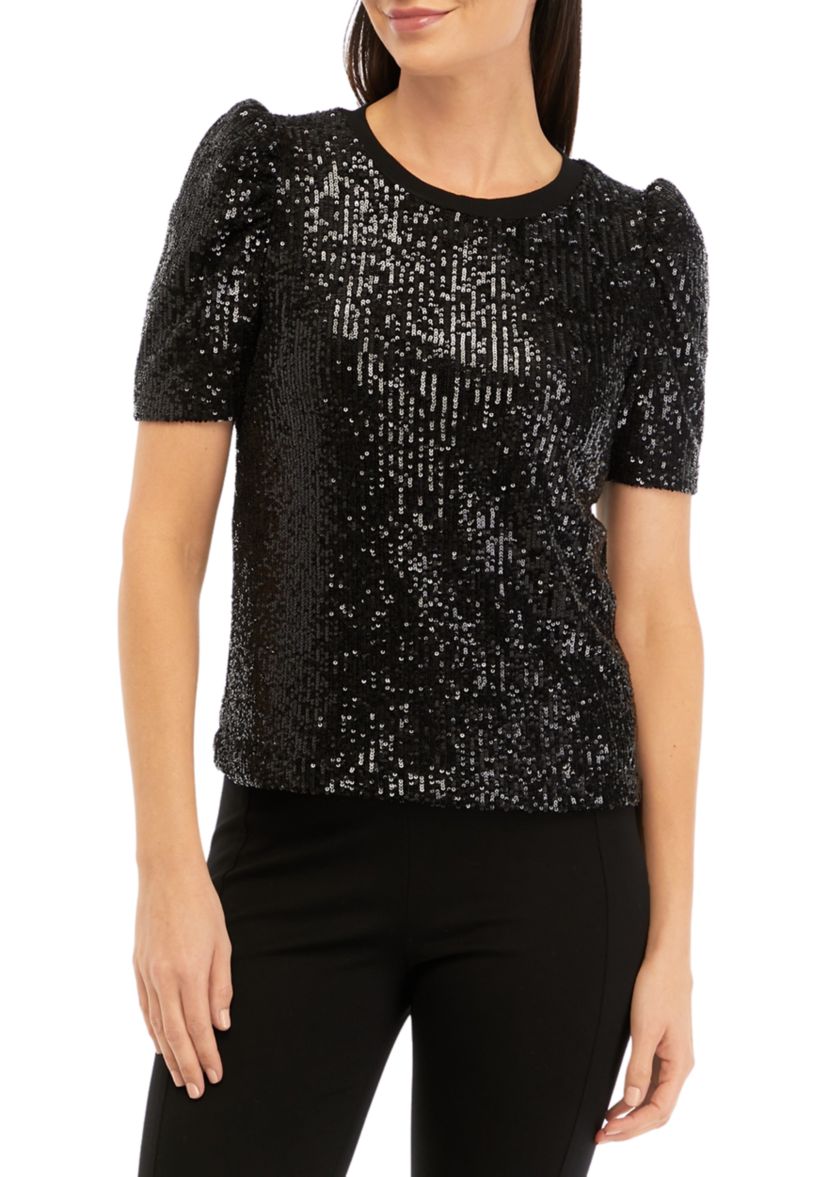 Womens Puff Sleeve Sequin Mesh Knit Top 