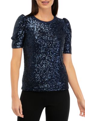 Catherine Malandrino Women's Puff Sleeve Sequin Mesh Knit Top | belk