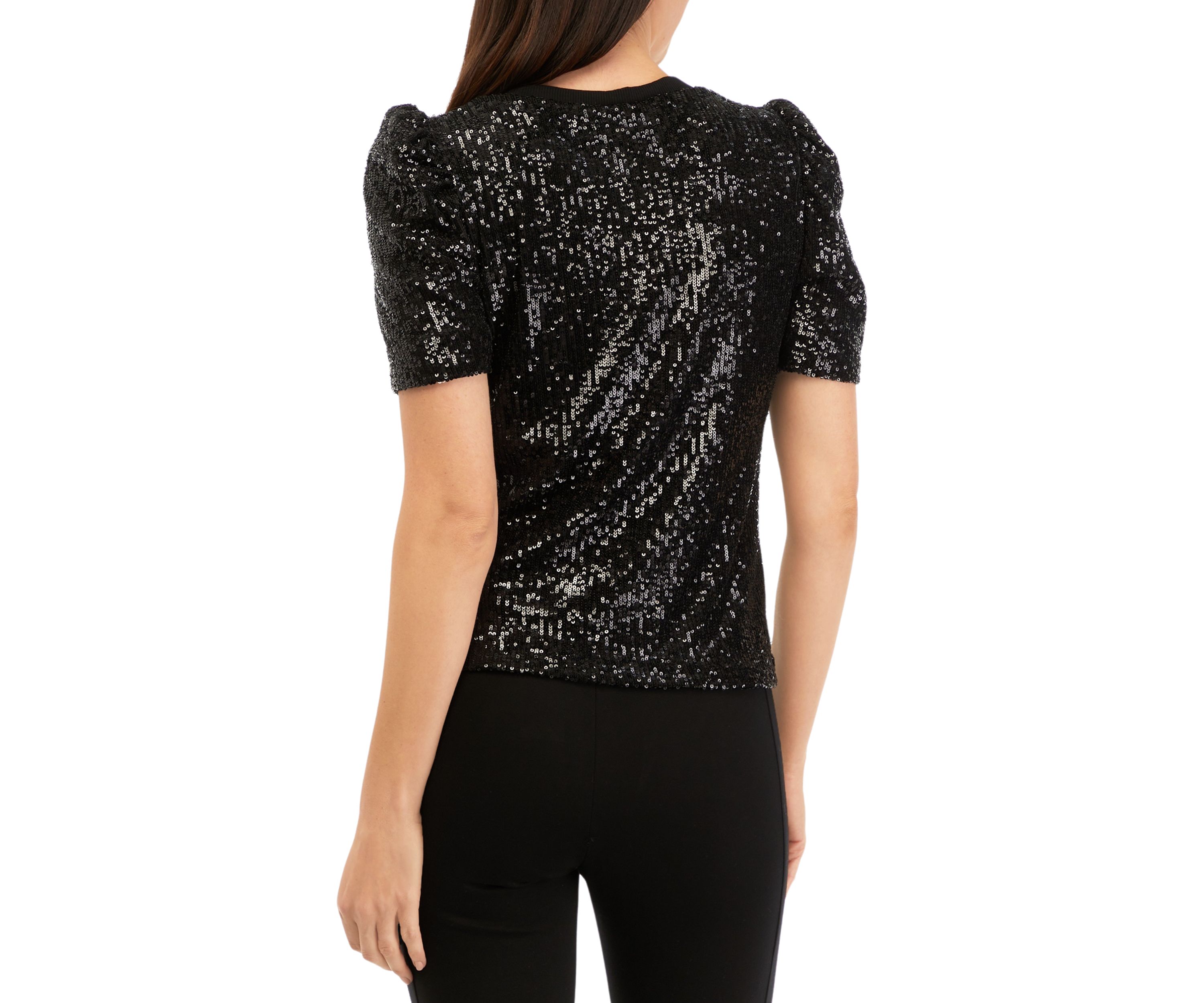 Womens Puff Sleeve Sequin Mesh Knit Top 