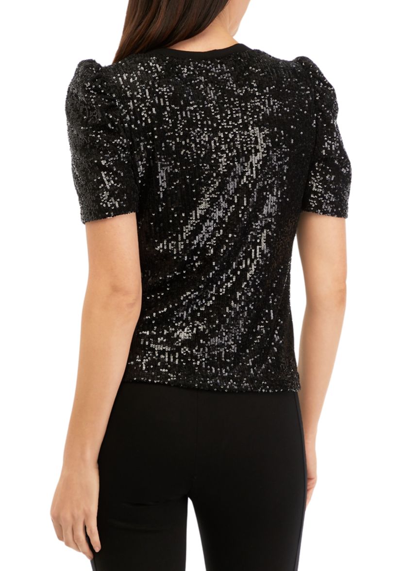 Womens Puff Sleeve Sequin Mesh Knit Top 