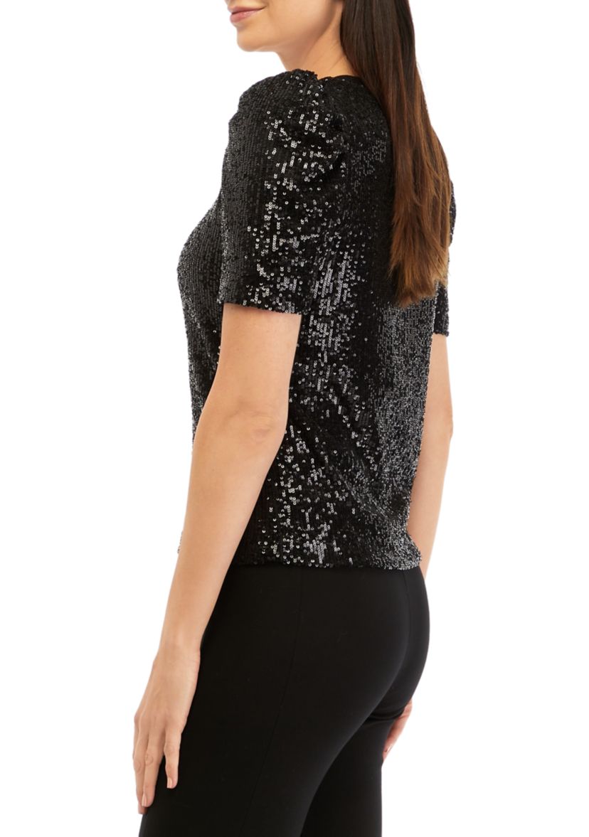 Womens Puff Sleeve Sequin Mesh Knit Top 