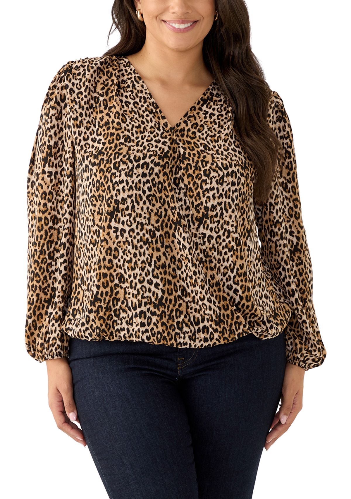 Plus Size Long Sleeve Crossover Front Printed Woven Blouse