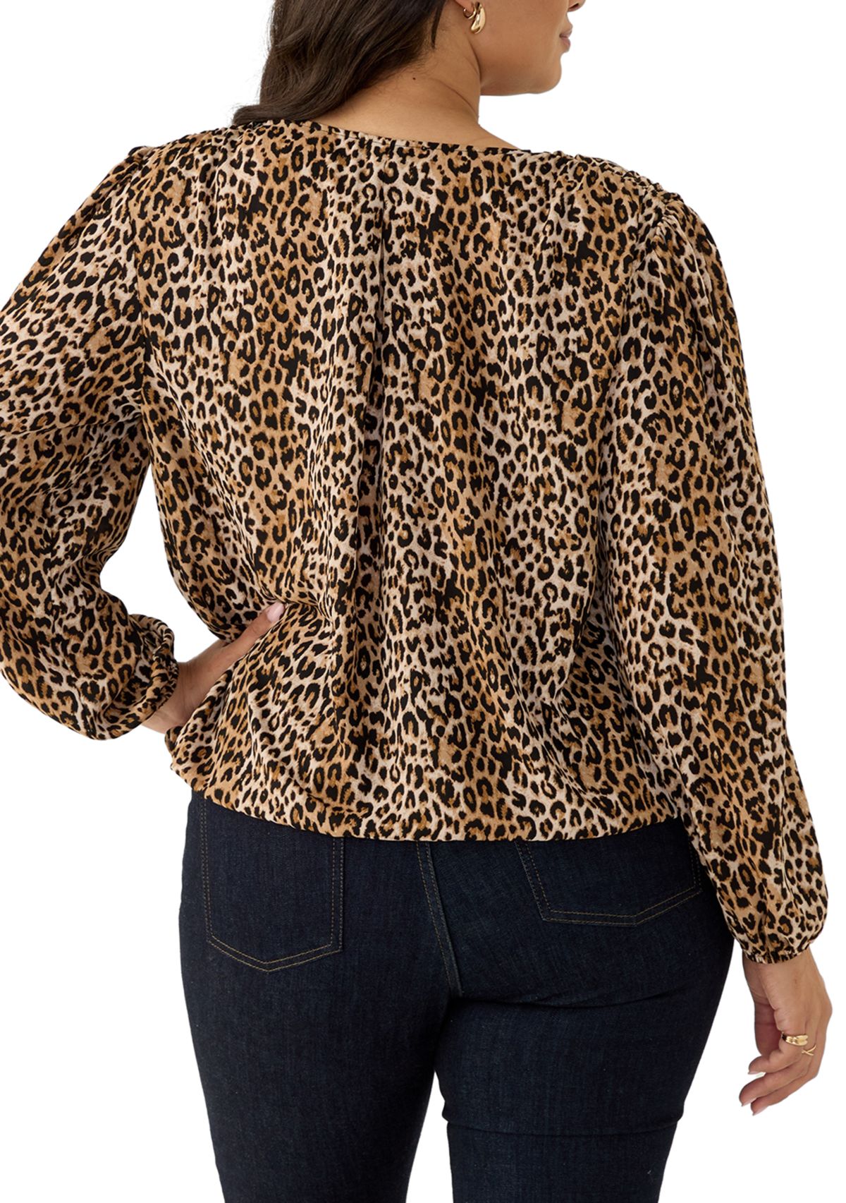 Plus Size Long Sleeve Crossover Front Printed Woven Blouse