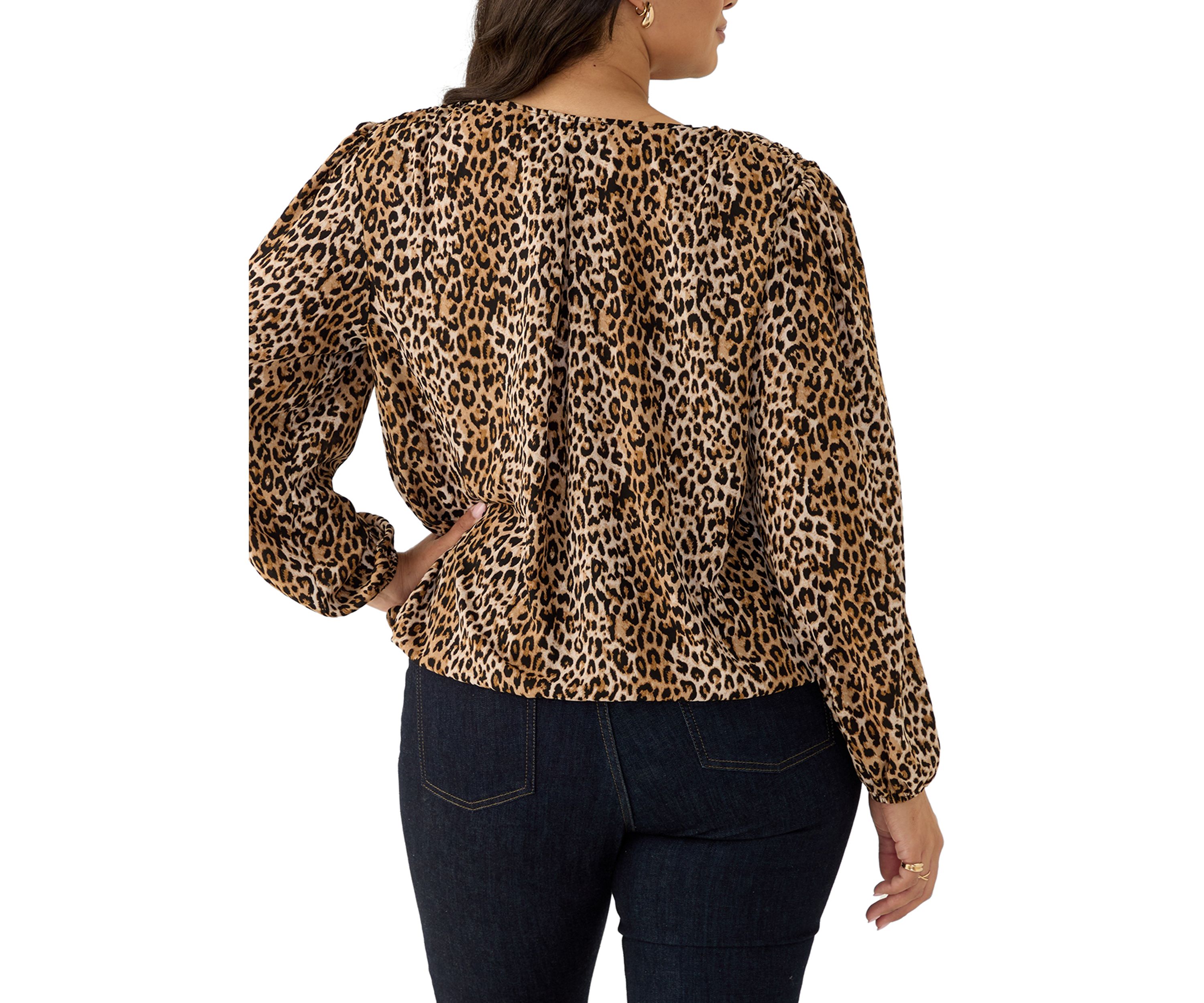 Plus Size Long Sleeve Crossover Front Printed Woven Blouse