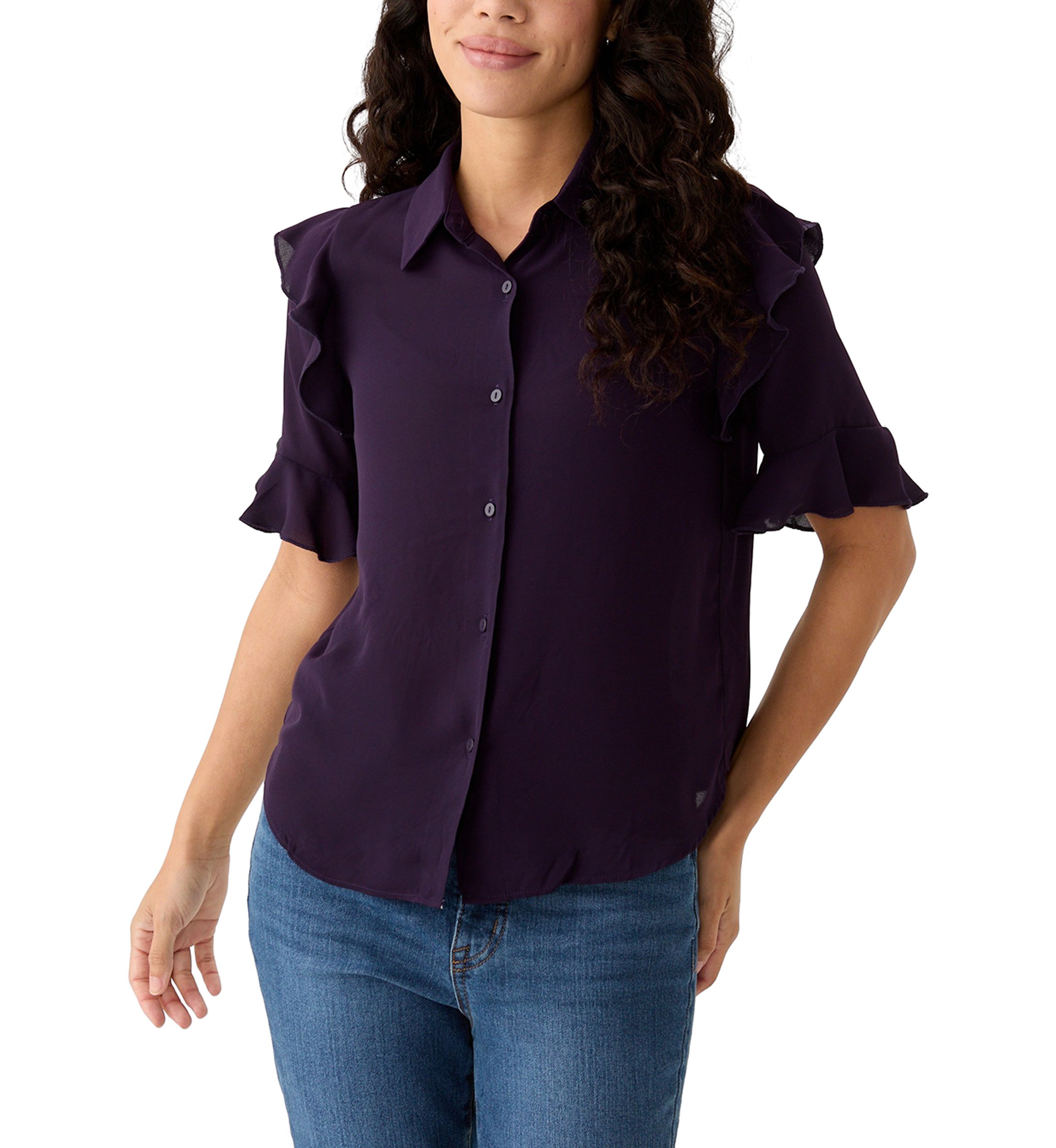Petite Elbow Sleeve Button Down Woven Shirt with Ruffle Shoulder Detail