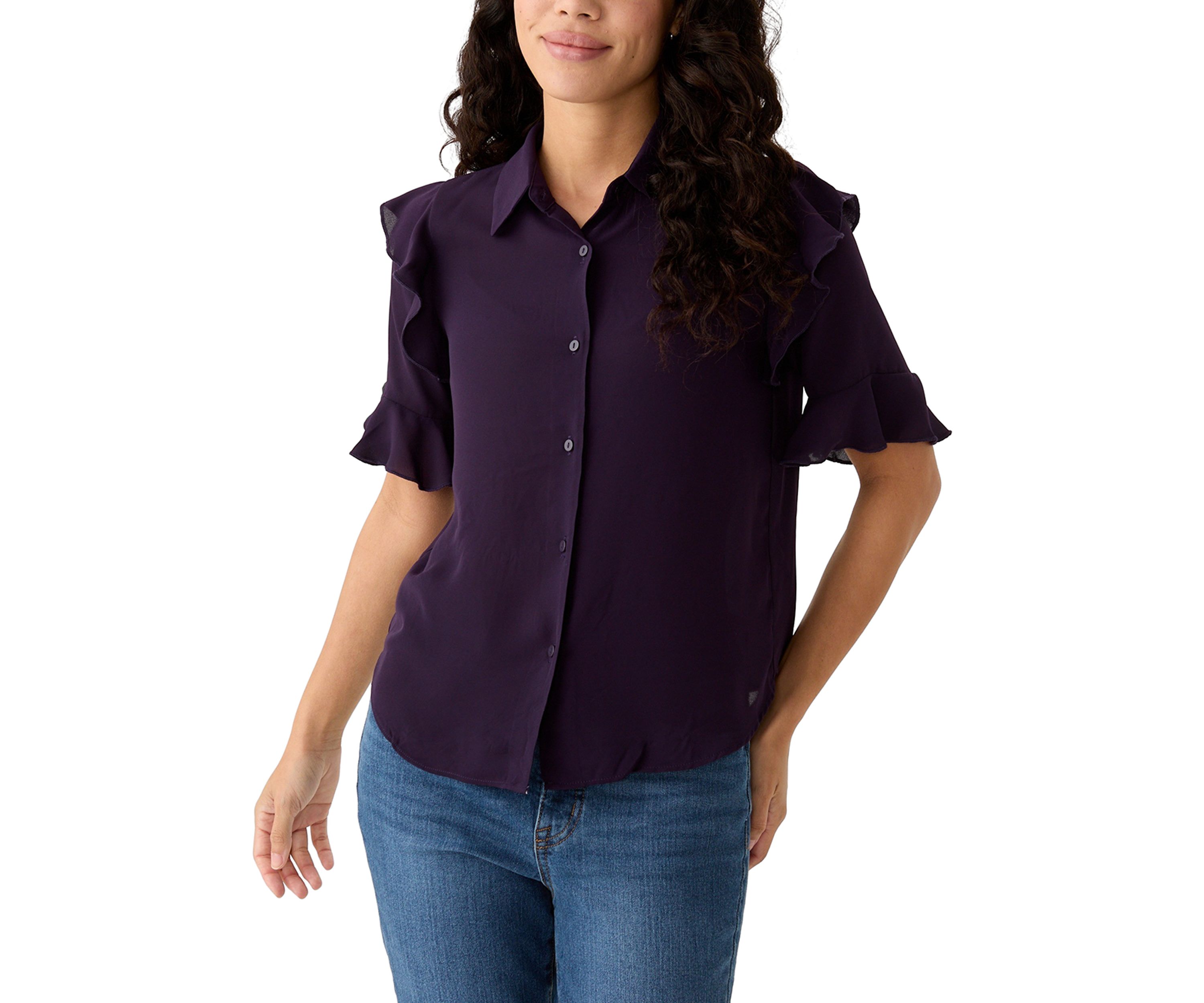 Petite Elbow Sleeve Button Down Woven Shirt with Ruffle Shoulder Detail