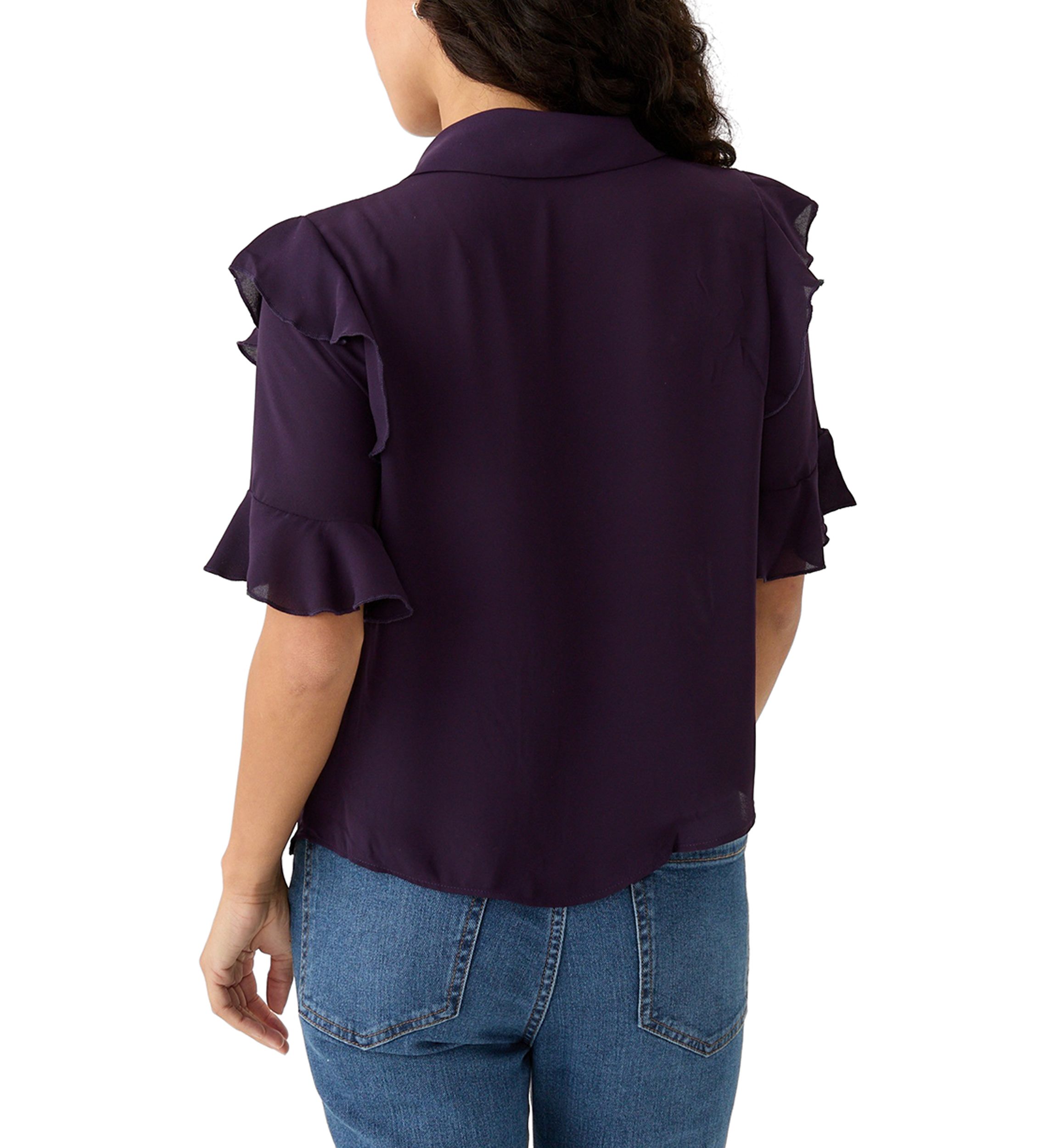 Petite Elbow Sleeve Button Down Woven Shirt with Ruffle Shoulder Detail