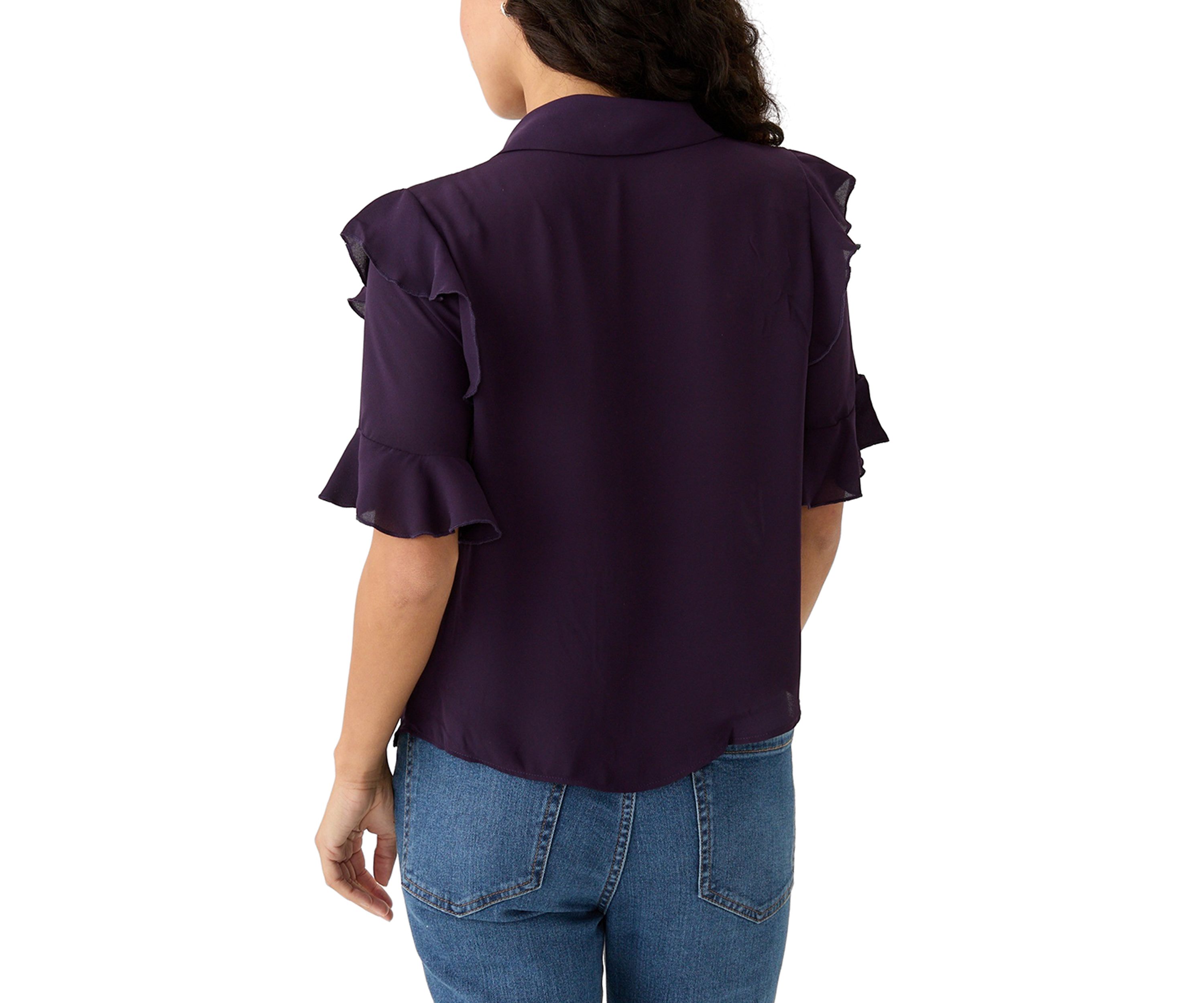 Petite Elbow Sleeve Button Down Woven Shirt with Ruffle Shoulder Detail