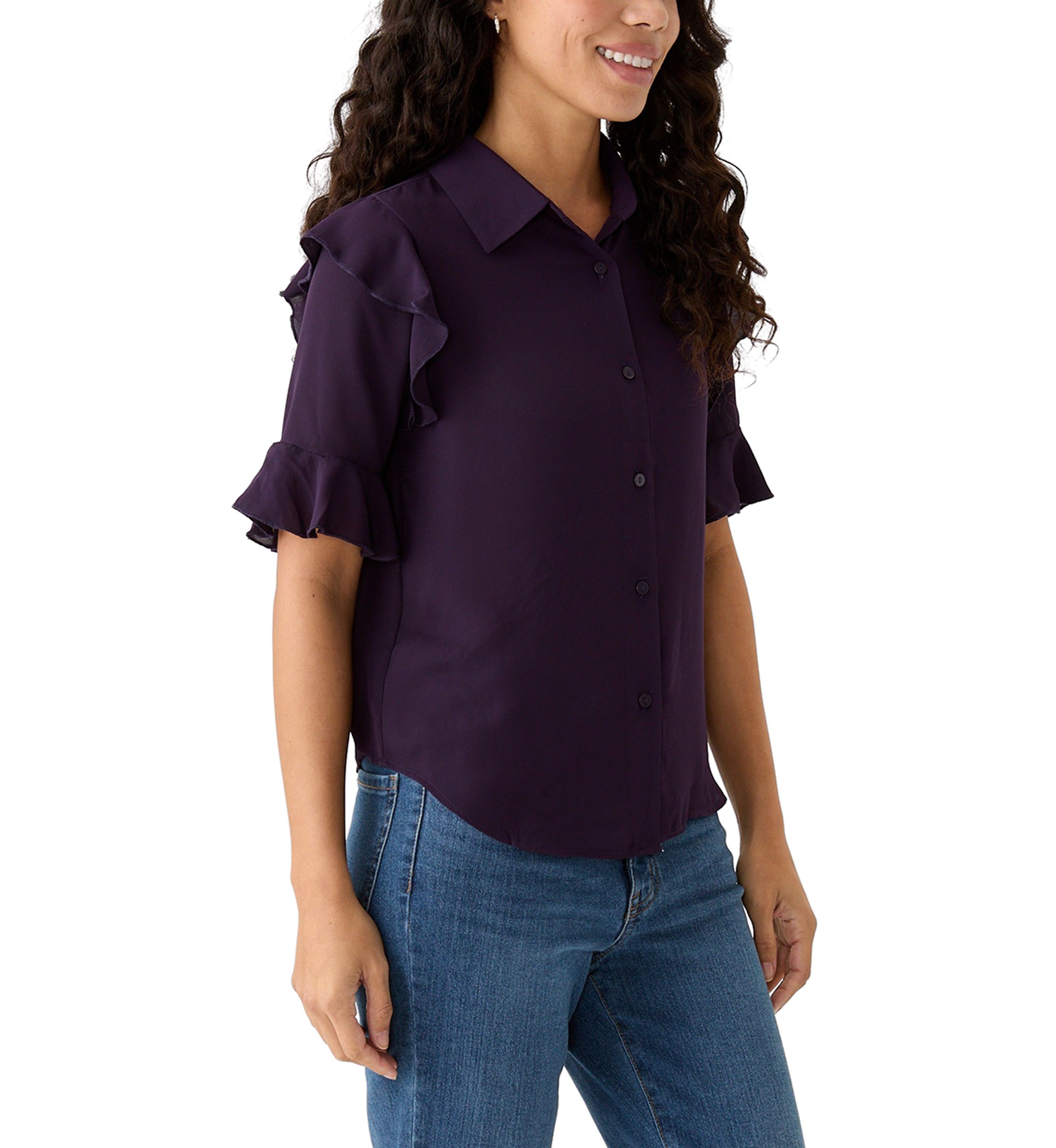 Petite Elbow Sleeve Button Down Woven Shirt with Ruffle Shoulder Detail