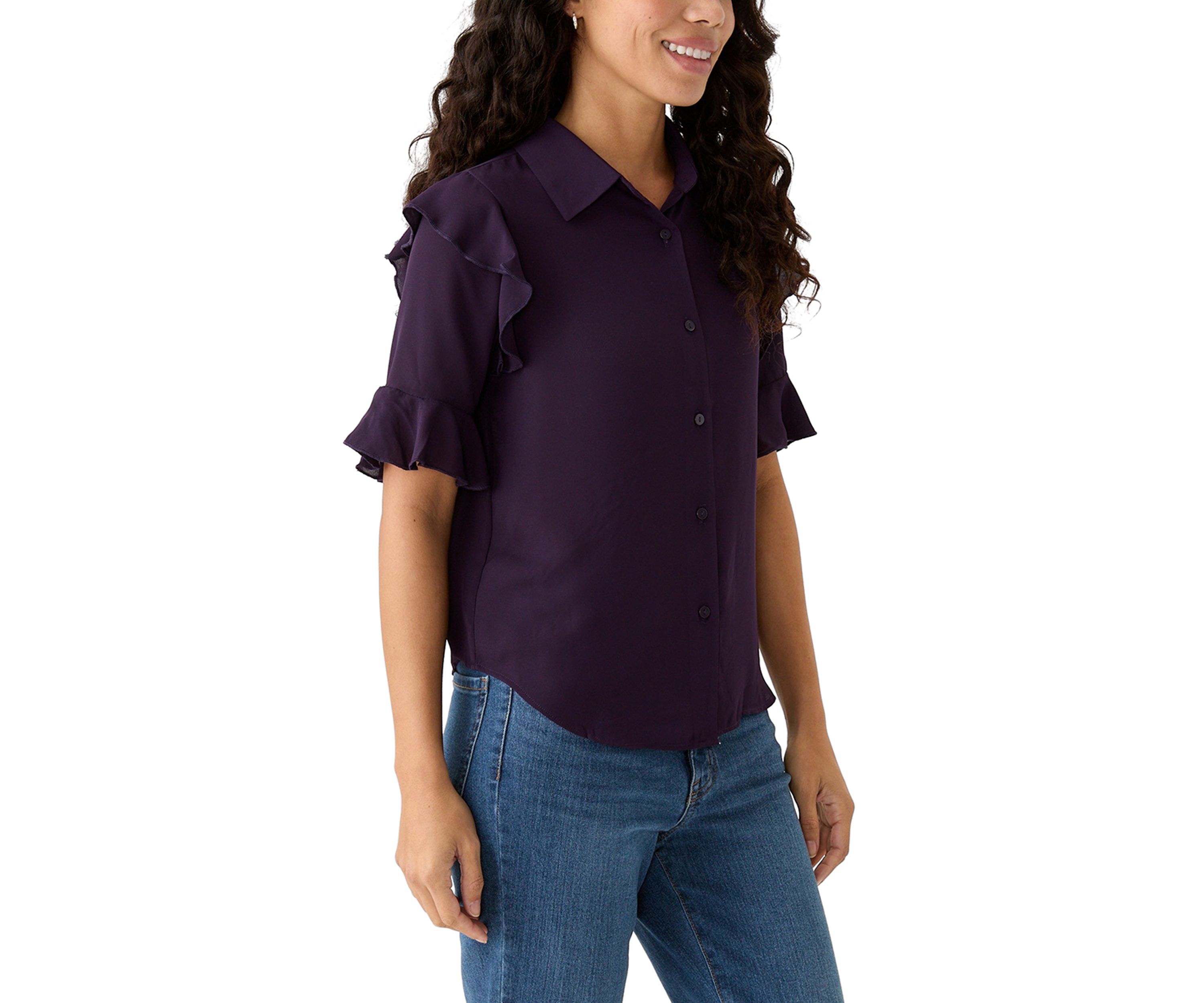 Petite Elbow Sleeve Button Down Woven Shirt with Ruffle Shoulder Detail