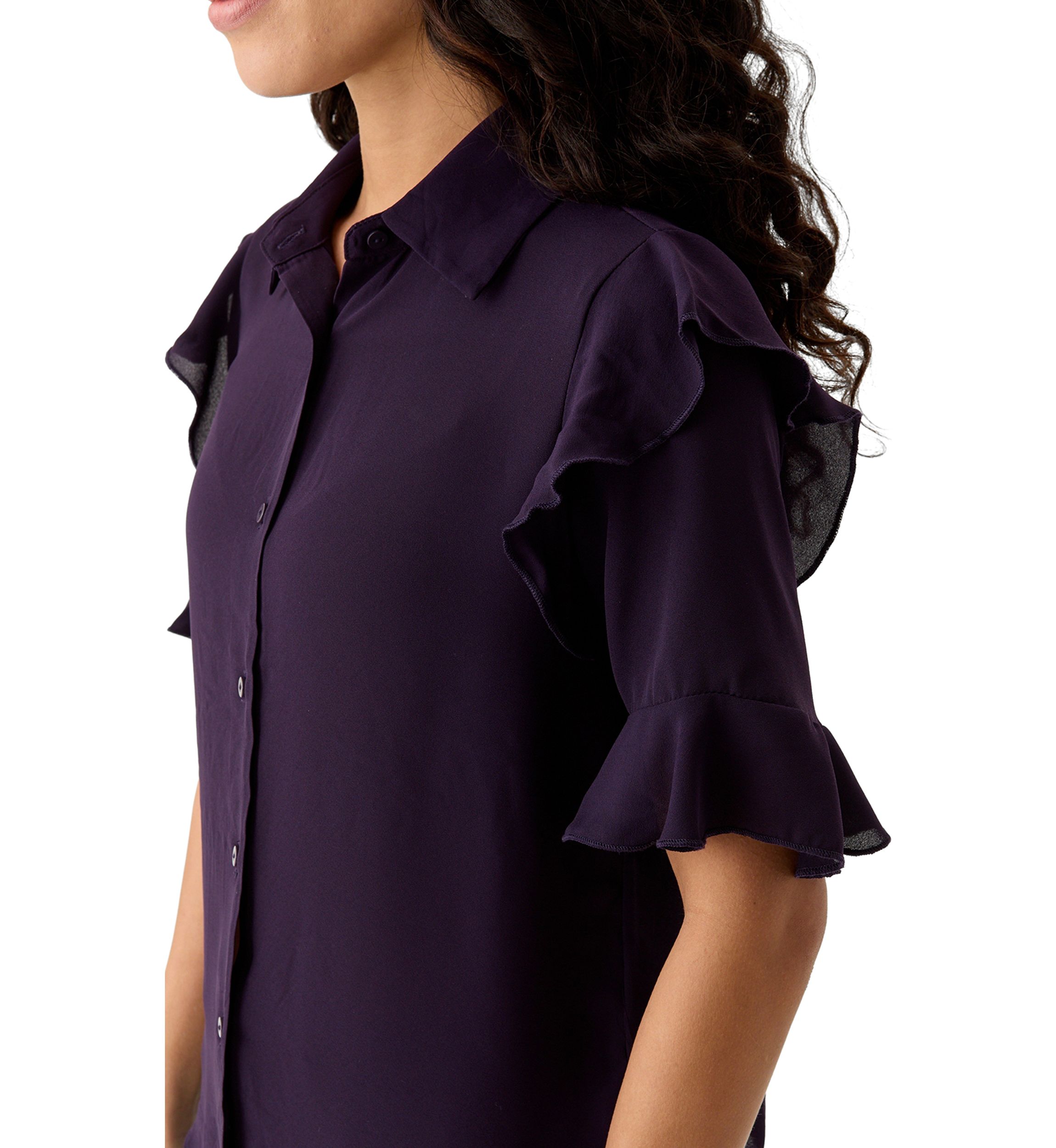 Petite Elbow Sleeve Button Down Woven Shirt with Ruffle Shoulder Detail