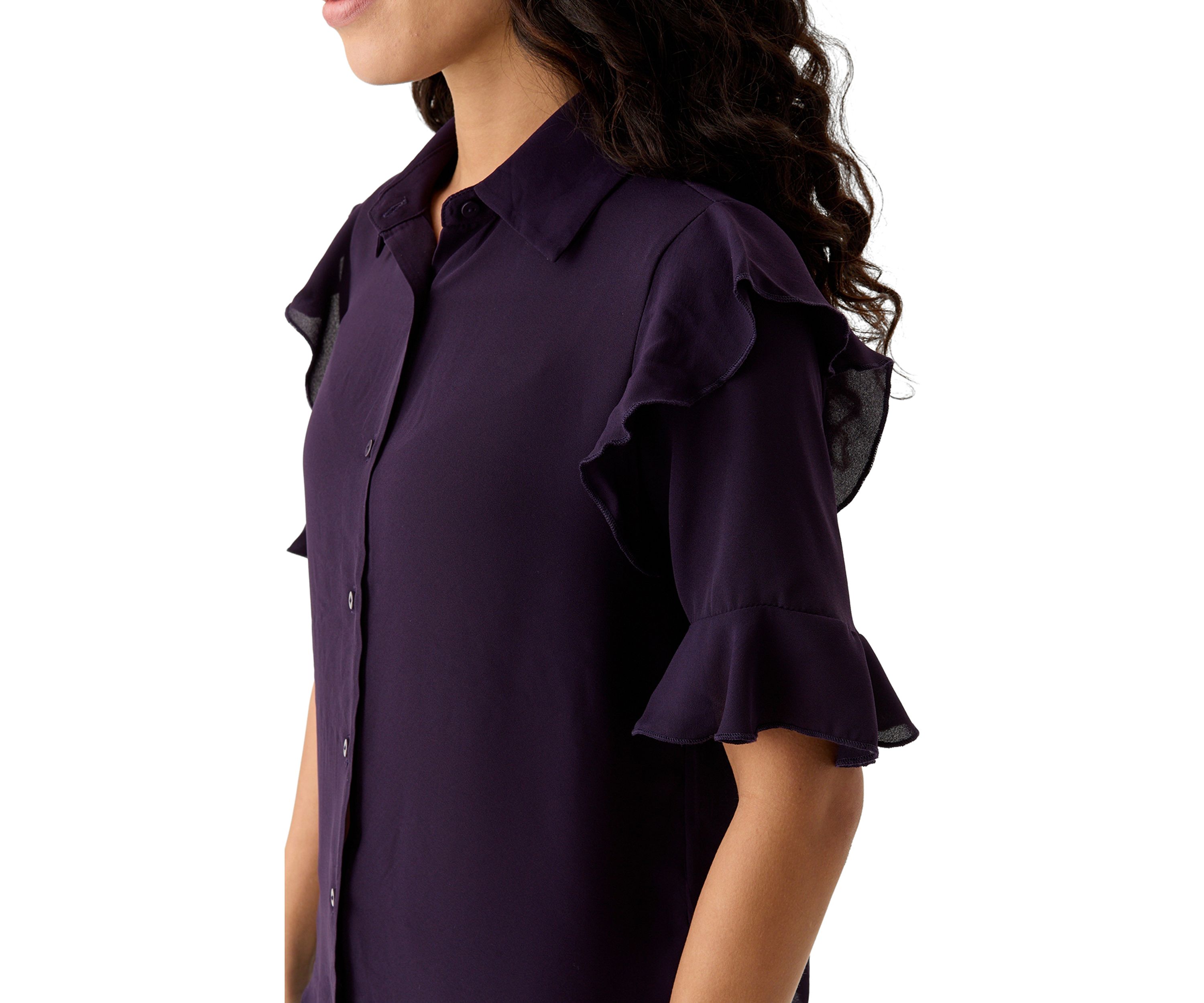 Petite Elbow Sleeve Button Down Woven Shirt with Ruffle Shoulder Detail