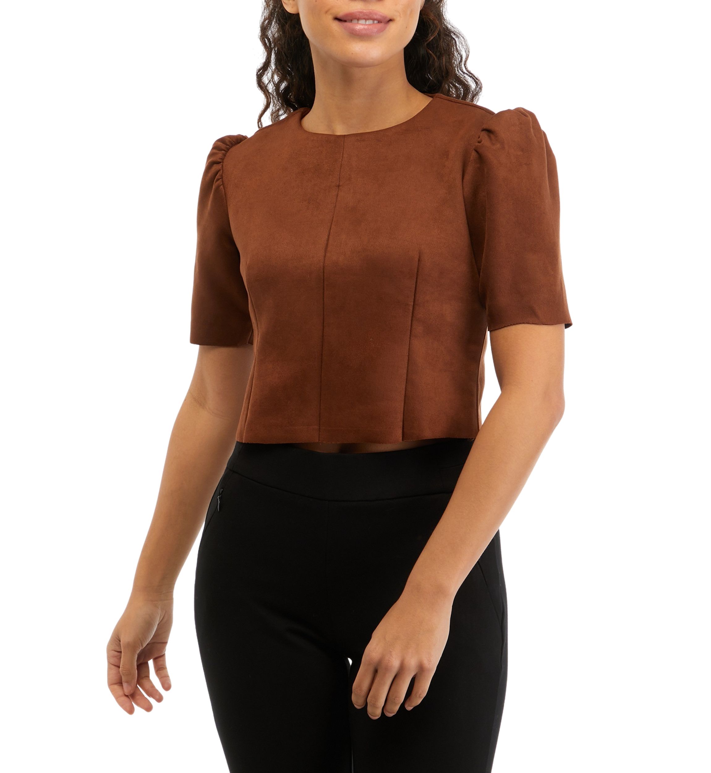 Petite Short Puff Sleeve Suede Blouse