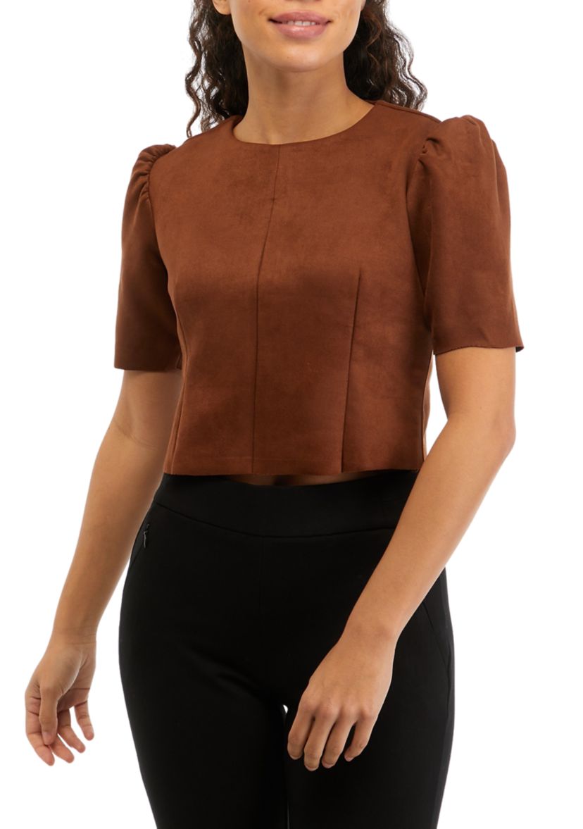 Petite Short Puff Sleeve Suede Blouse