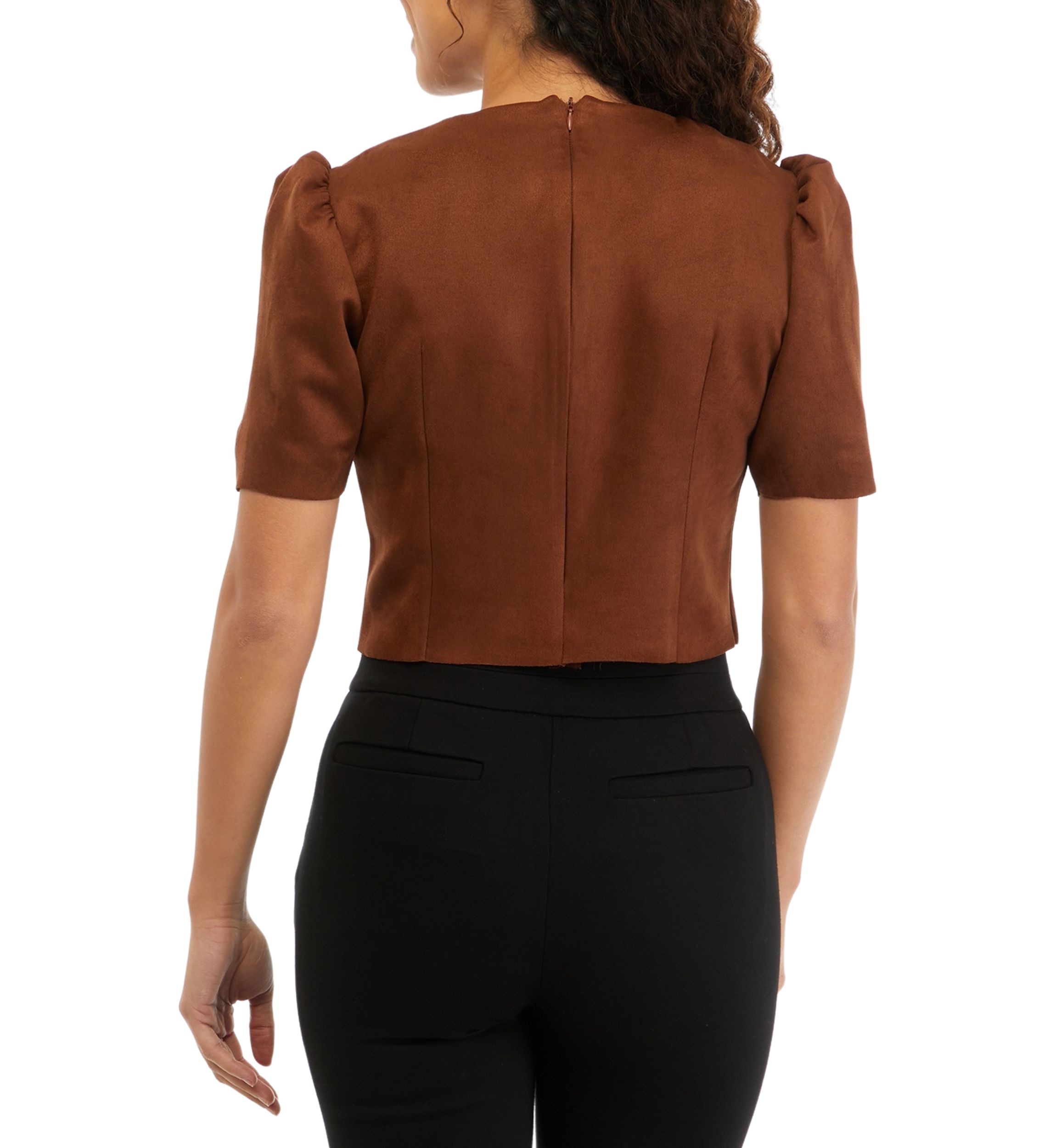 Petite Short Puff Sleeve Suede Blouse